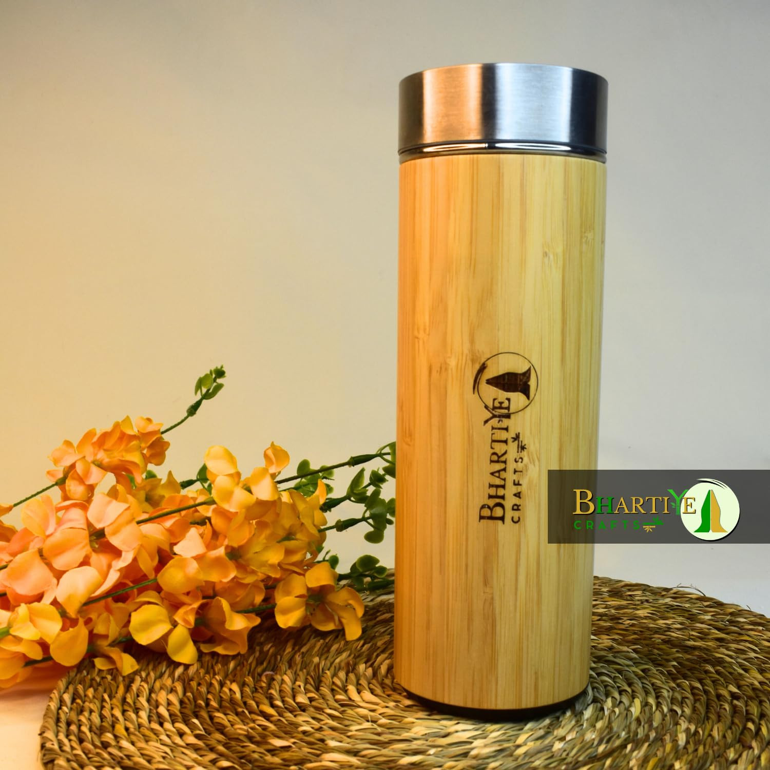 Bhartiye Crafts Bamboo Stainless Steel Insulated Bottle & Milkshake Strainer 500