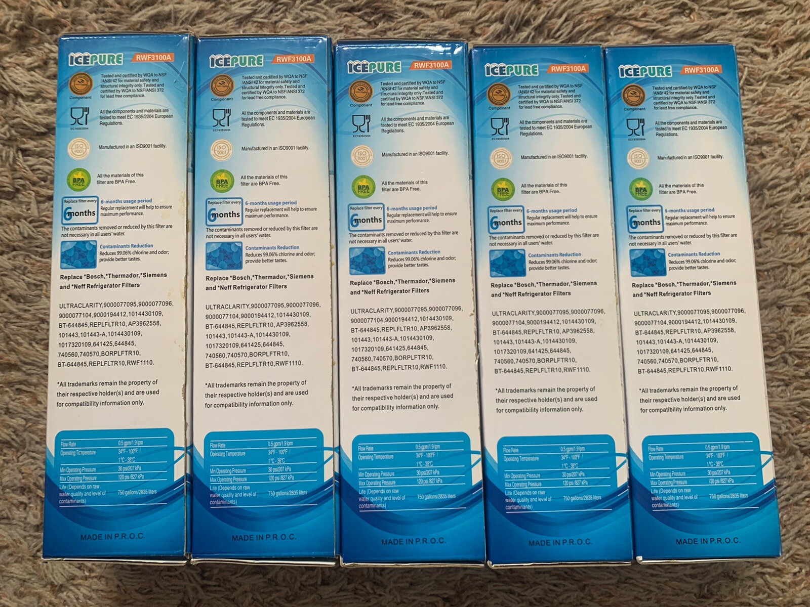 LOT of (5) ICEPURE REFRIGERATOR WATER FILTERS! RWF3100A Replacement for BOSCH