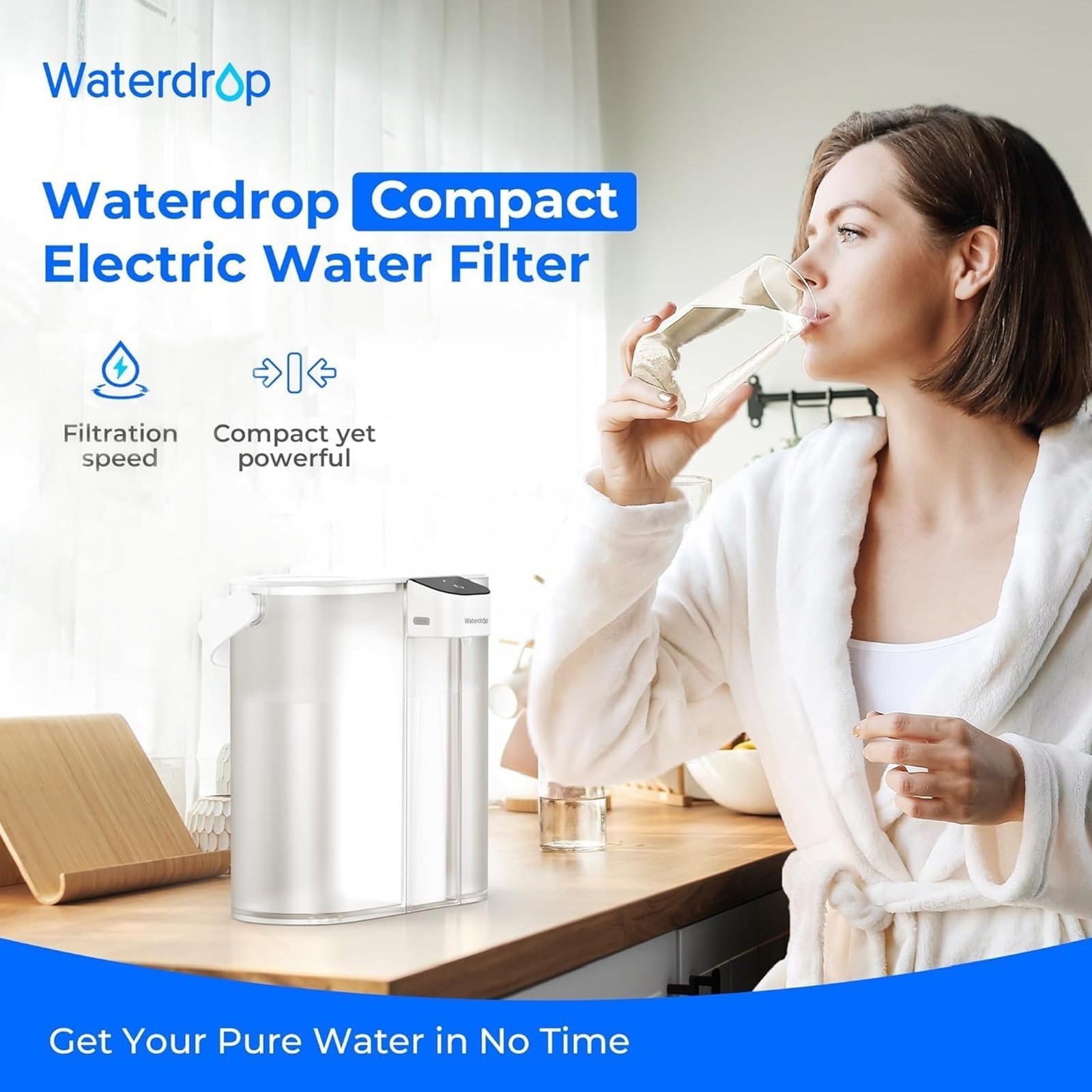 Waterdrop Compact Electric Water Filter Pitcher,200GallonWater,With 2 Filter