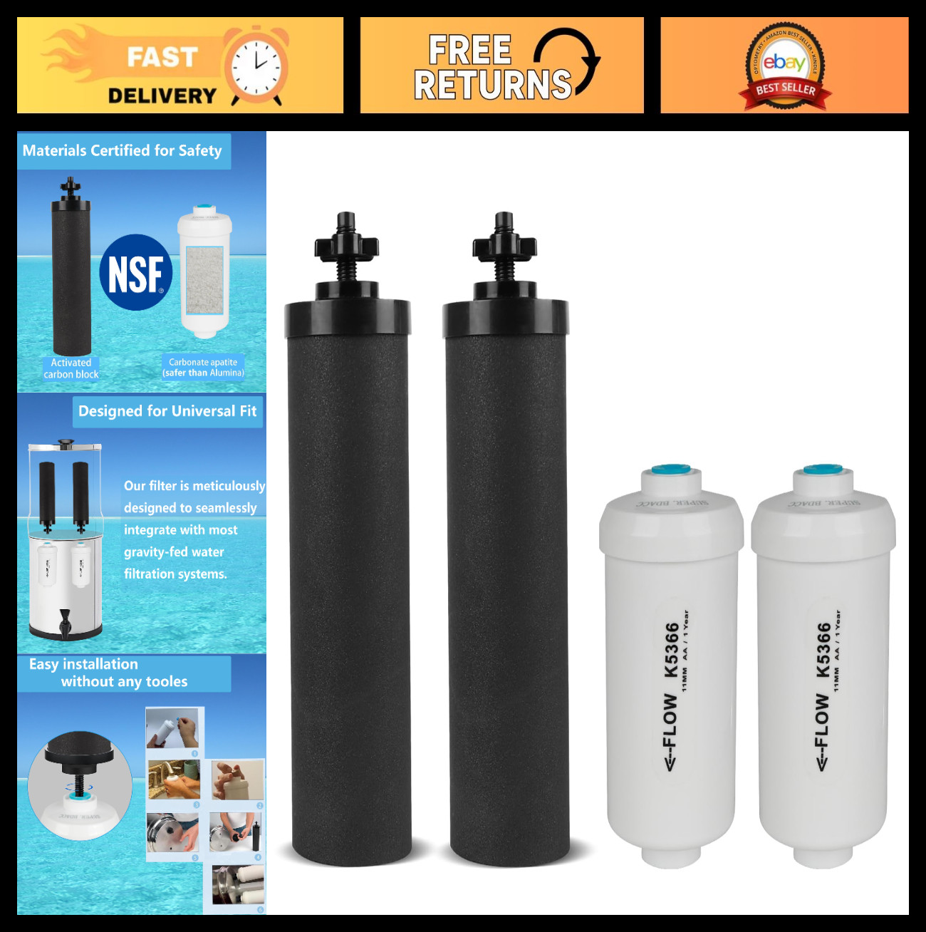 Gravity Water Filter Replacement Combo Pack – Black Carbon & Fluoride Filters, 4