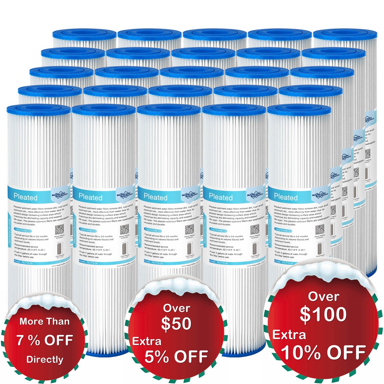 25 Pack 10″x2.5″ Whole House System Pleated Sediment Water Filter 5/20/50 Micron