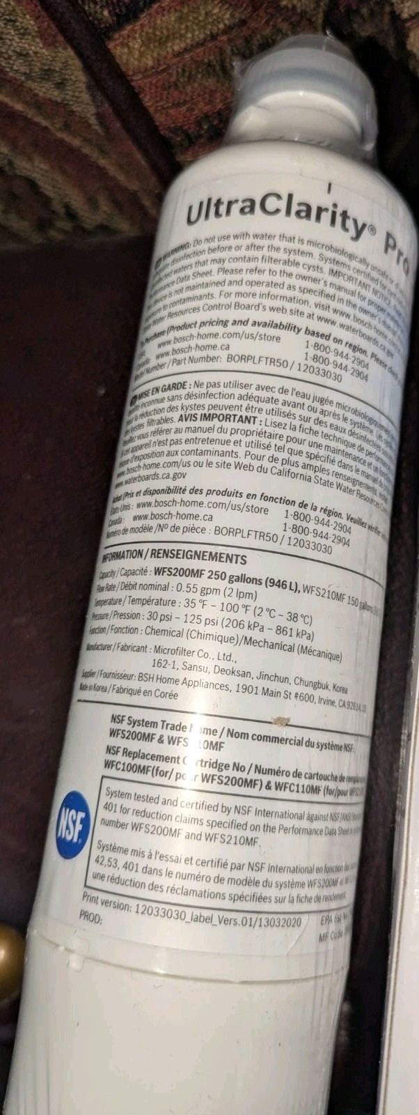 Bosch Ultra Clarity Pro Refrigerator Water Filter BORPLFTR50