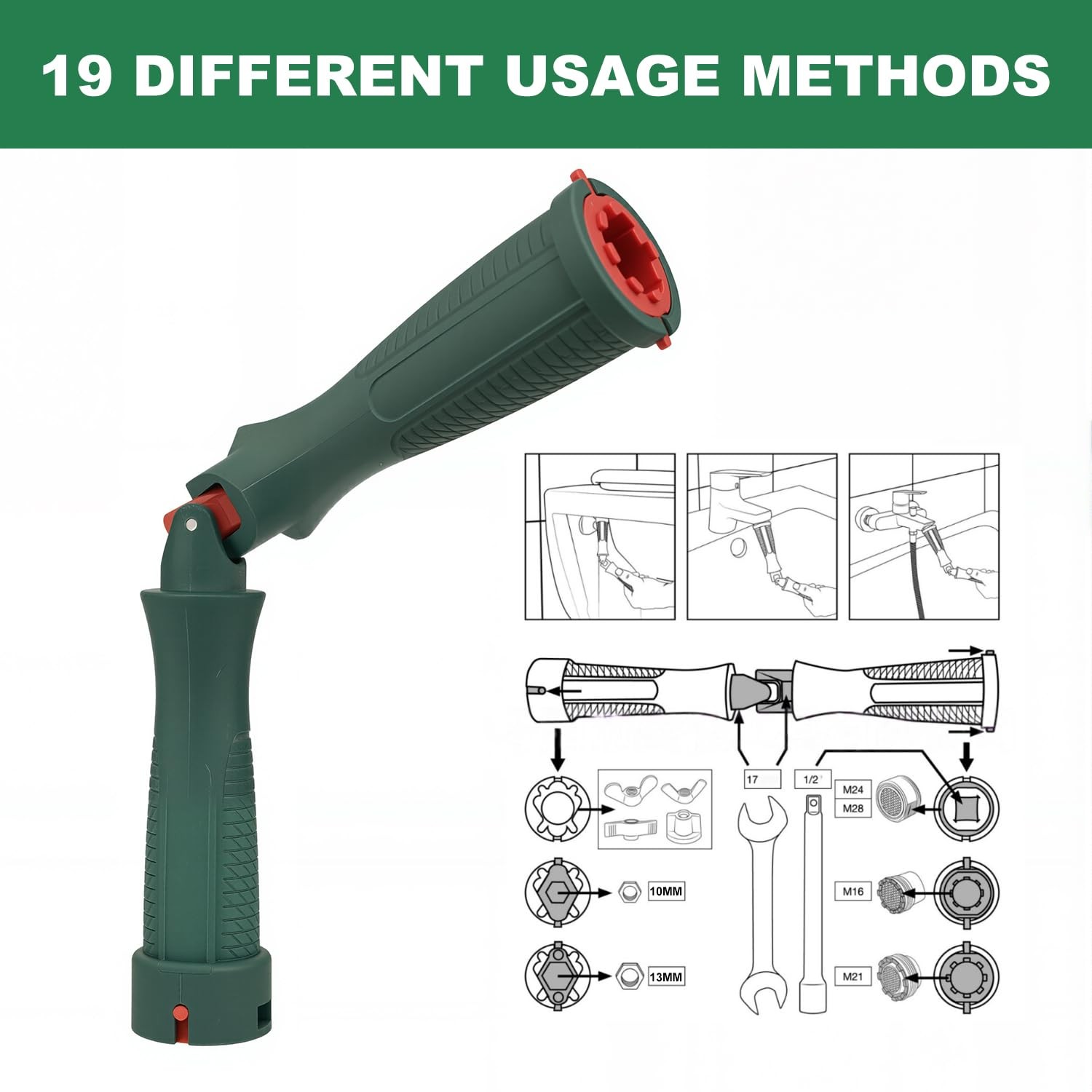 Green Toilet Seat Wrench Tool Universal Rotation Adapter 10/13/17mm Plastic