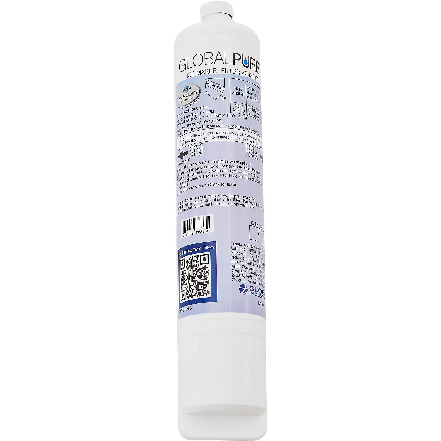Global Inudstrial Global Pure Carbon Block Filter for Nexel Ice Machines