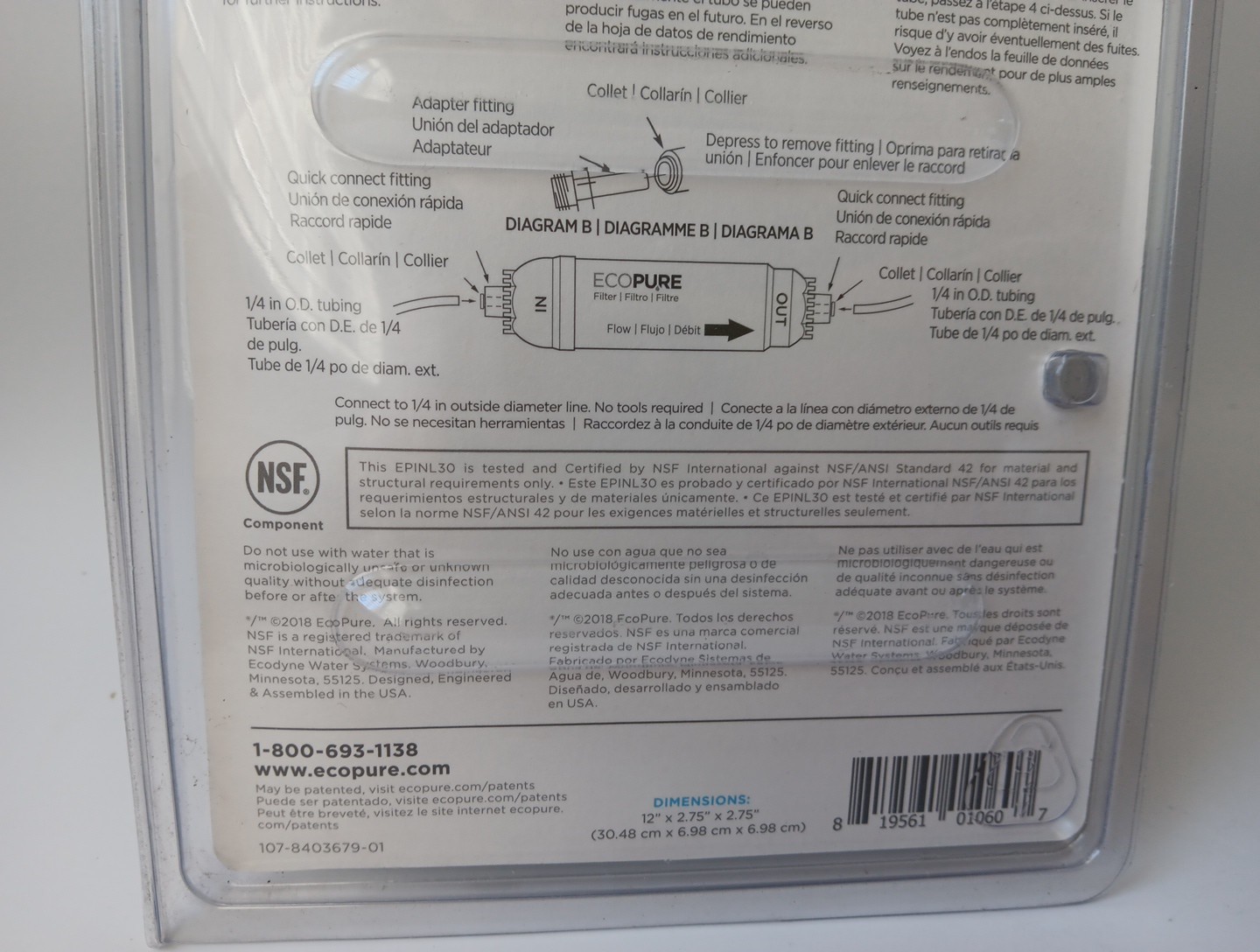 EcoPure EPINL30 5 Year In-Line Refrigerator Water Filter Ice Maker Inline NEW