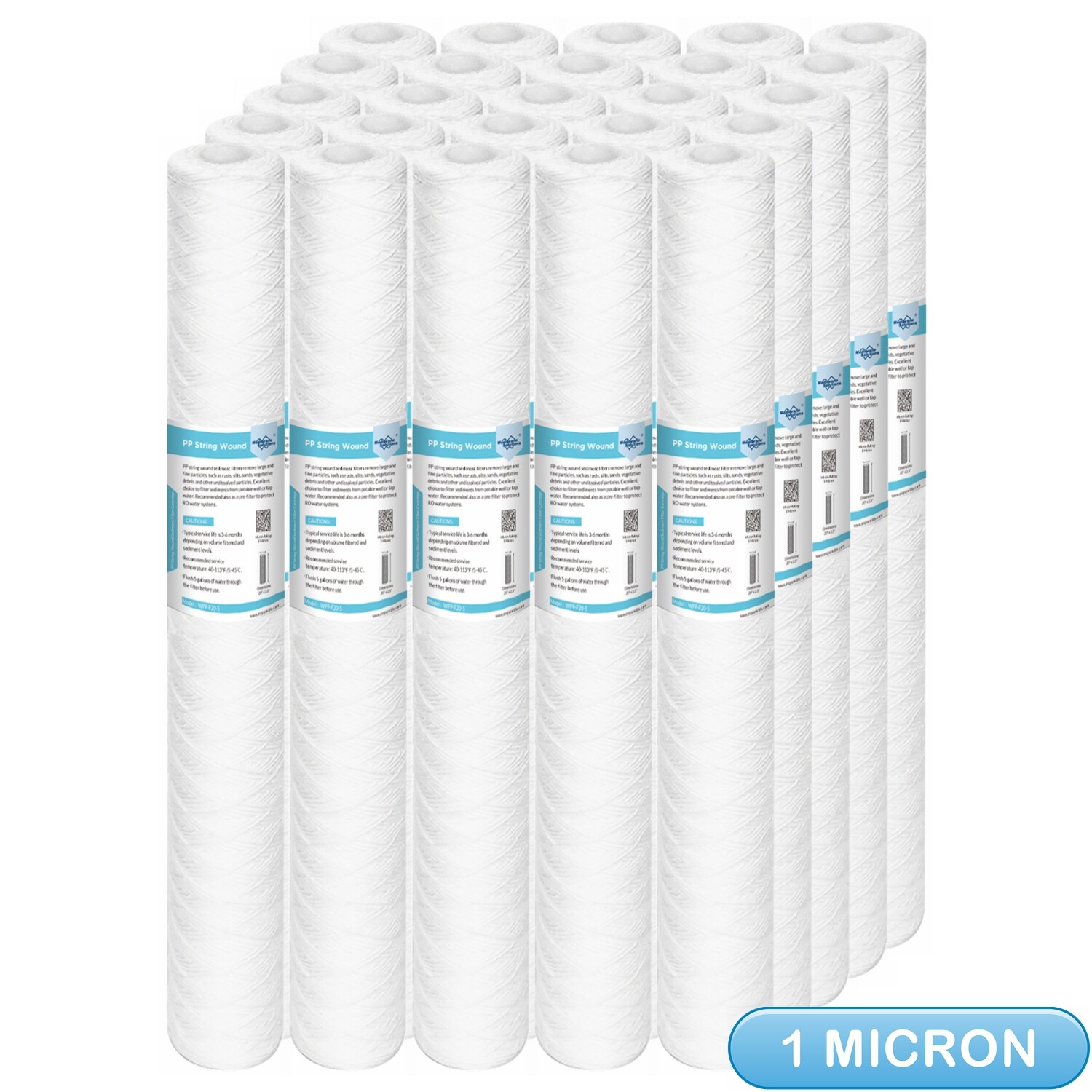 1 Micron 20″x2.5″ Whole House String Wound Sediment Filter Replacement 1-25 Pack