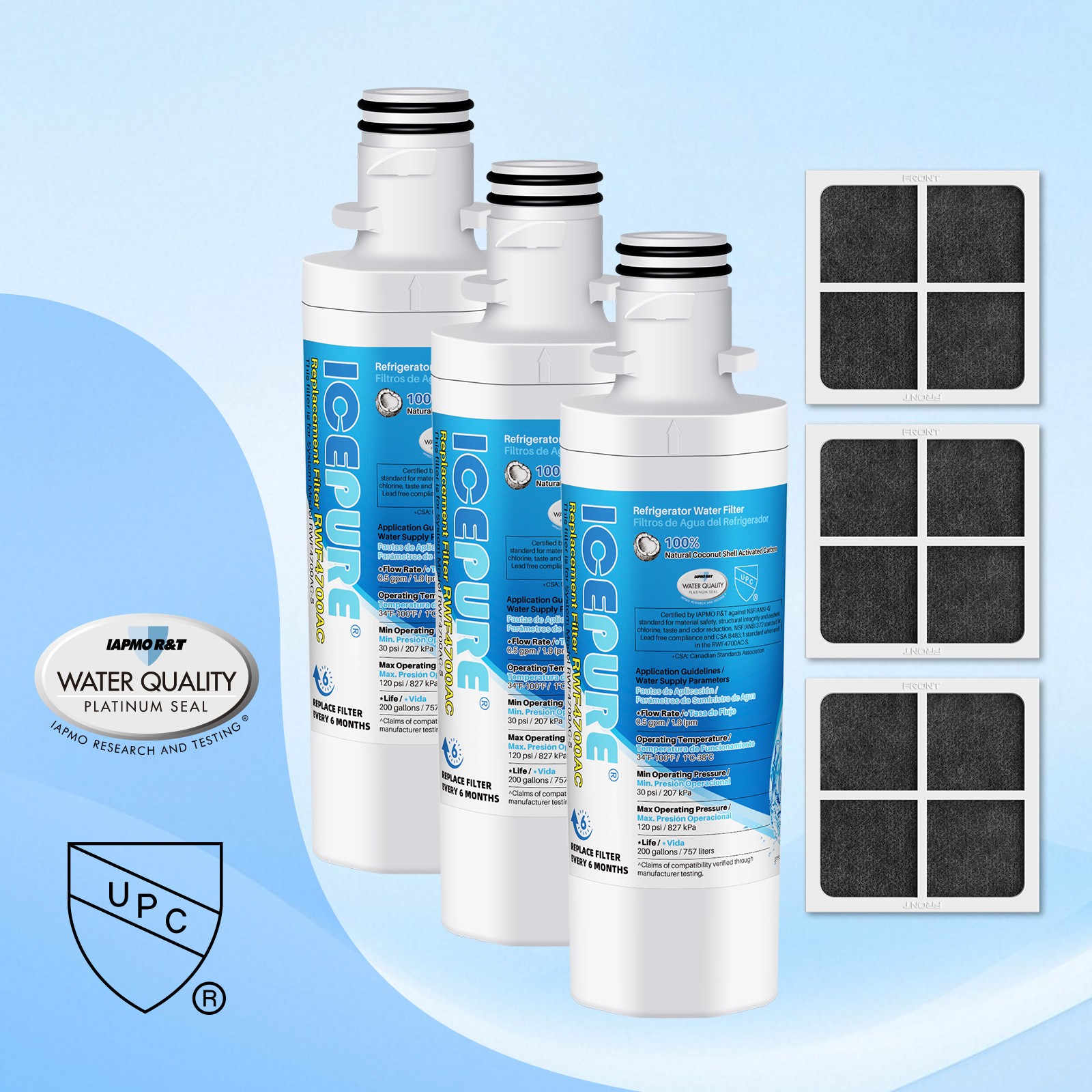 ICEPURE ADQ747935 Refrigerator Water Filter and Air Filter Replacement, 3PACK