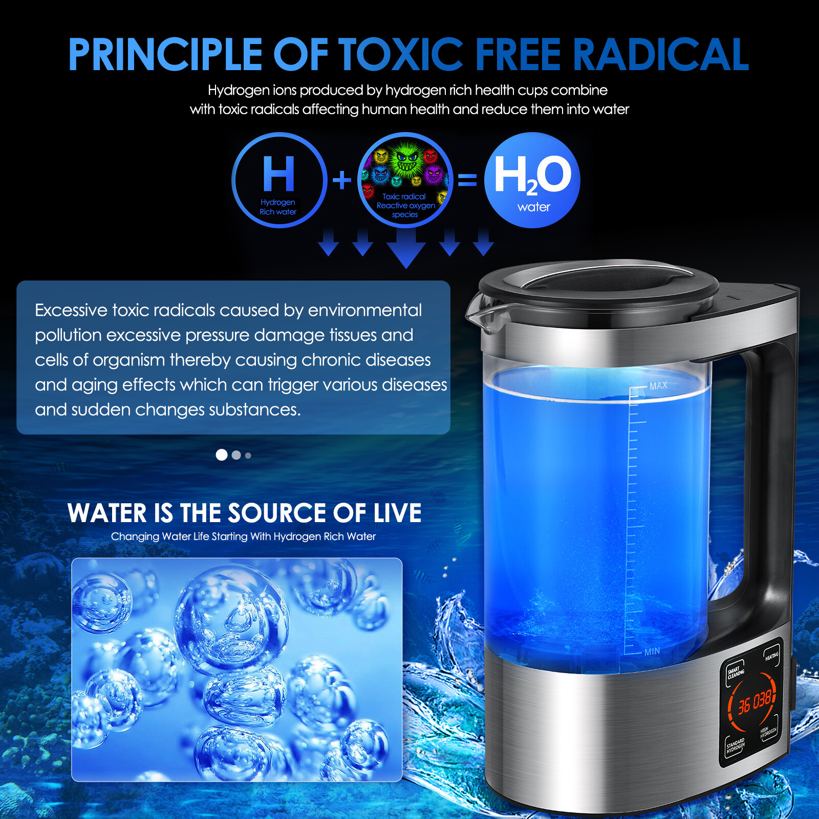 2L Electric Hydrogen Water Ionizer Generator Machine Water Generator US Plug