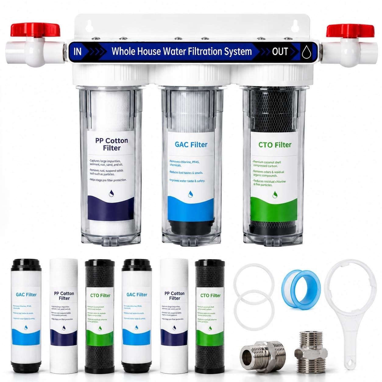 Whole House Water Filter System, 3-Stage 2 Extra Filter Sets, 0.5 Micron PP GAC