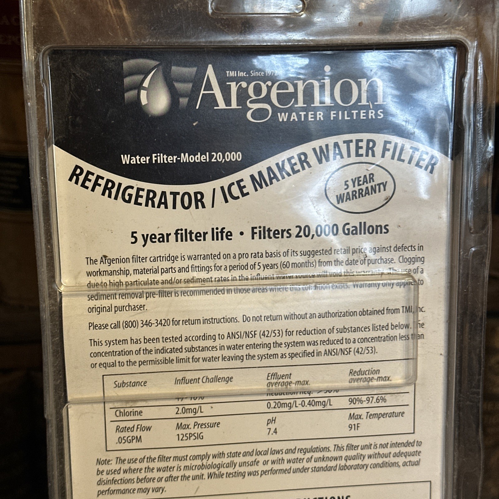 Argenion 20,000 Gal. Refrigerator In-line Water Filter 5 Yr. FACTORY SEALED NEW