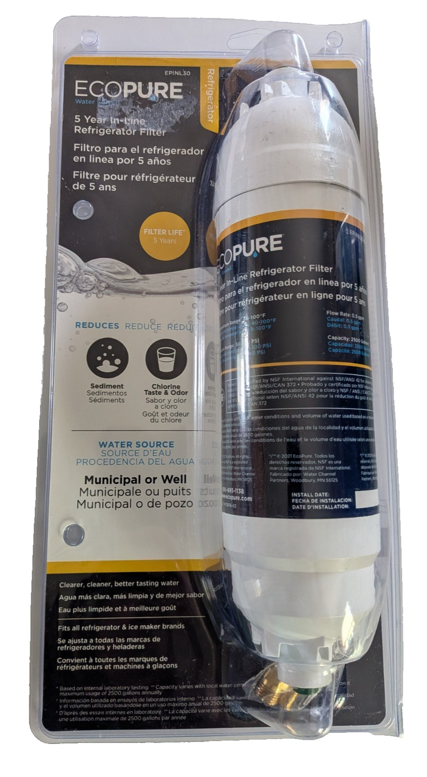 NEW EcoPure EPINL30 Water Filter 5 Year In-line Refrigerator Filter