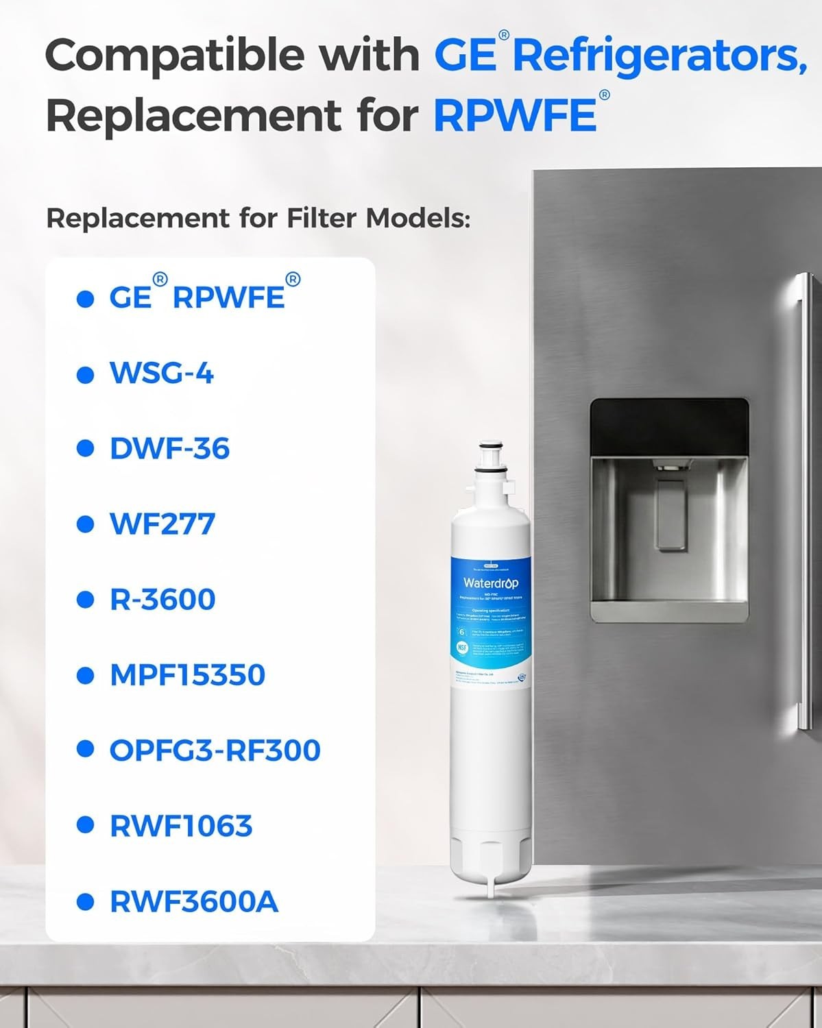 Waterdrop WD-F19C Refrigerator Water Filter for GE RPWFE RPWF Built-in CHIP