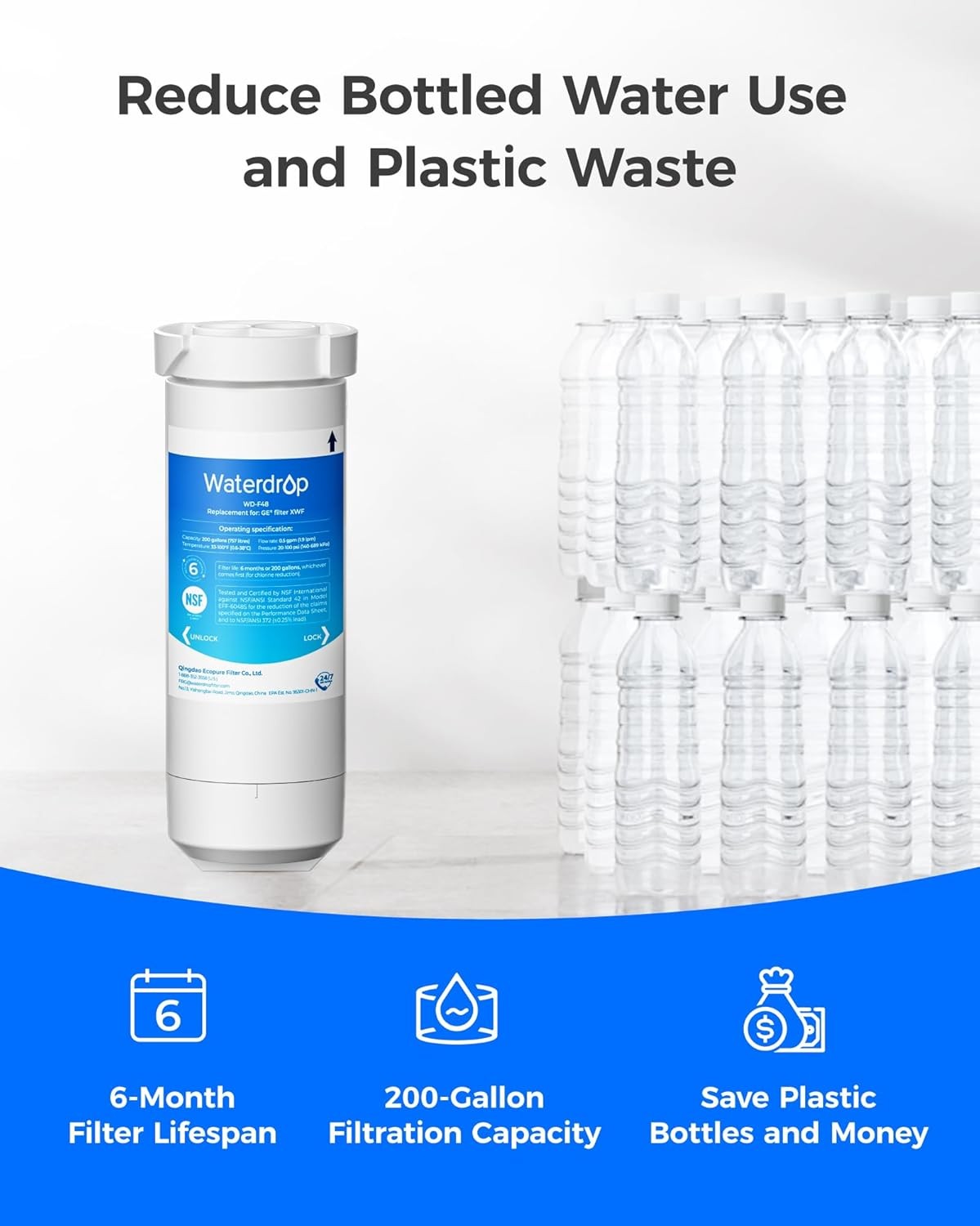 Waterdrop XWF Refrigerator Water Filter, Replacement for GE® XWF, 4 Filters