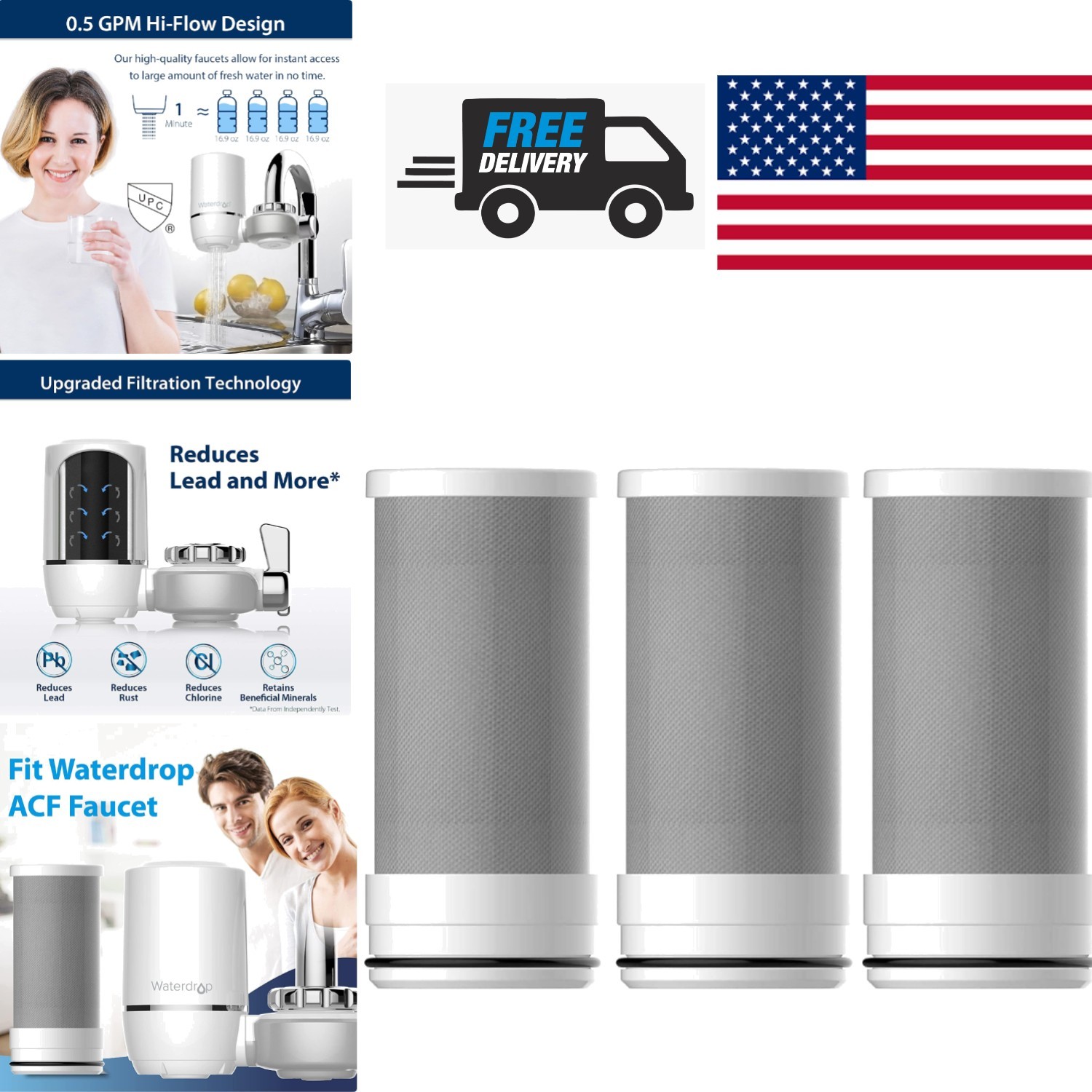 Replacement Faucet Water Filter 3 Count Pack Activated Carbon Fiber 9 Life