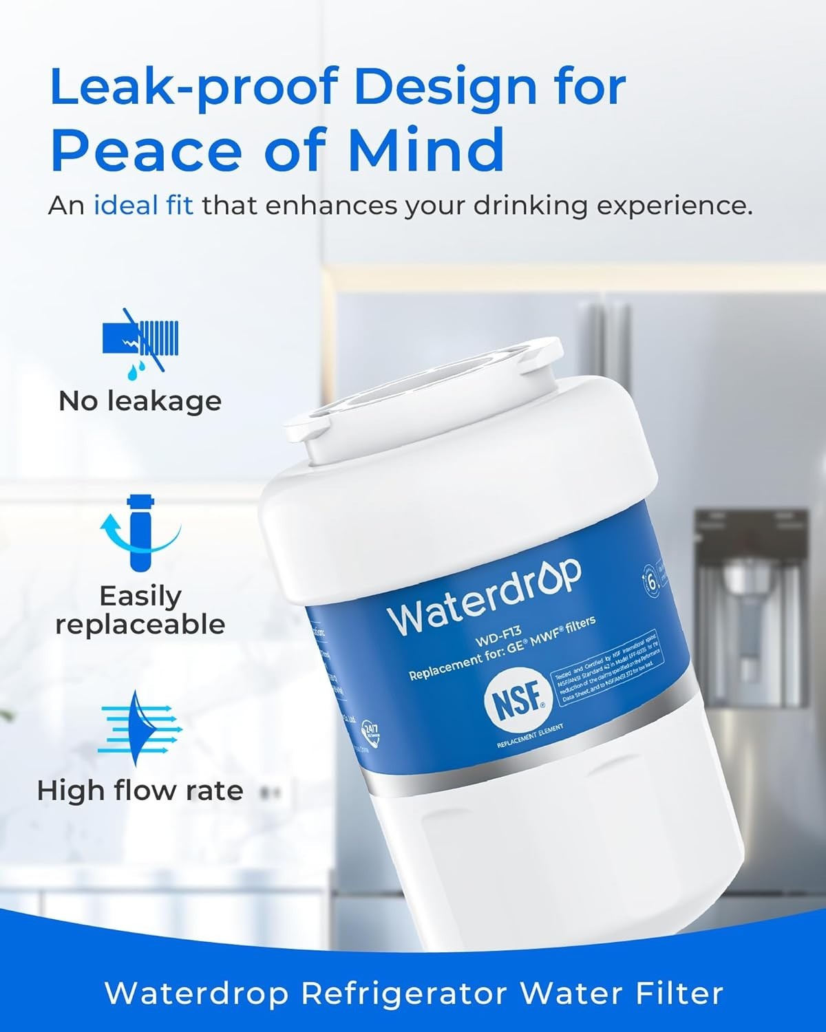 Waterdrop MWF® Refrigerator Water Filter, Replacement for GE® MWF®, 6 pack