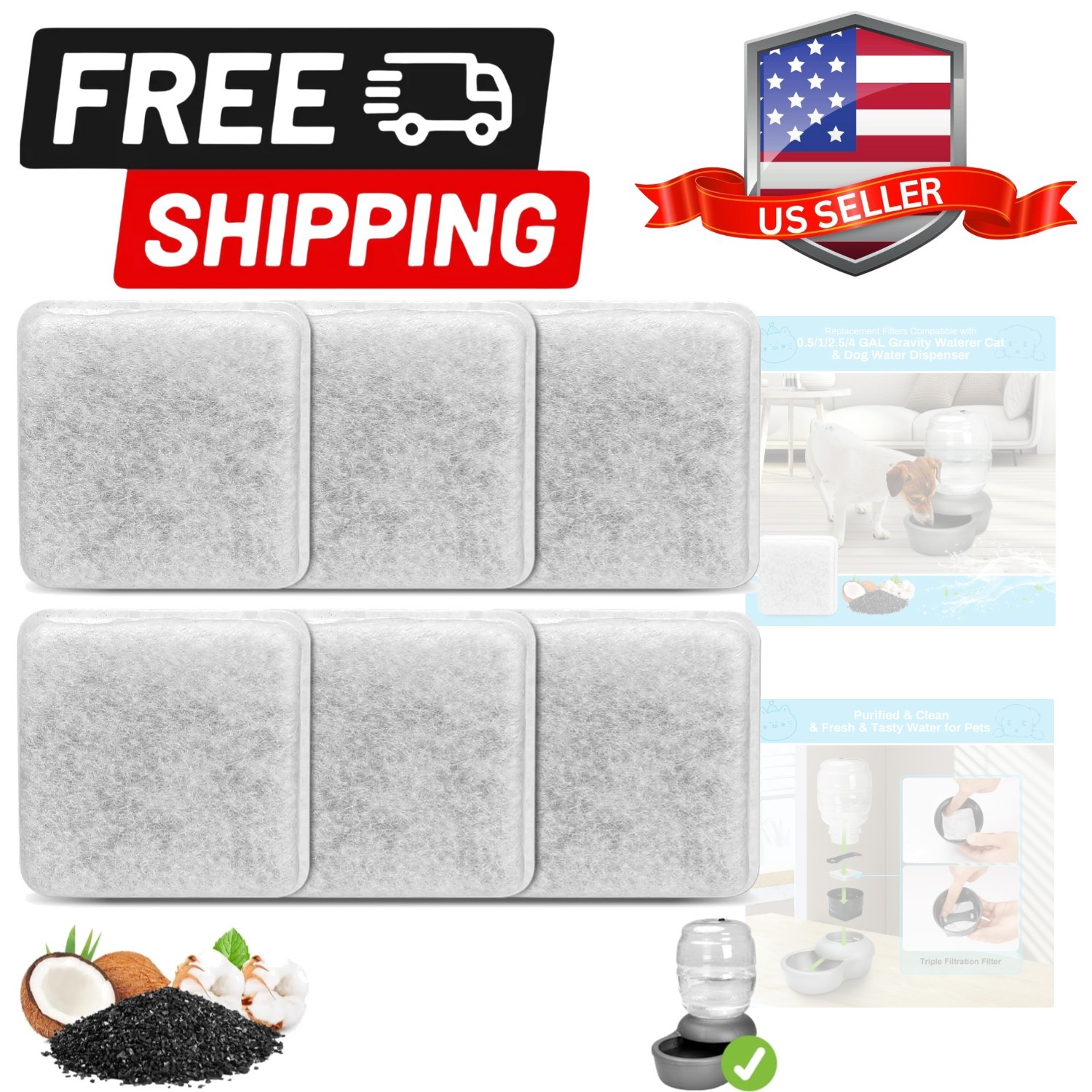 6 Pack Charcoal Replacement Filters for 0.5/1/2.5/4 GAL Gravity Waterer, Cat …