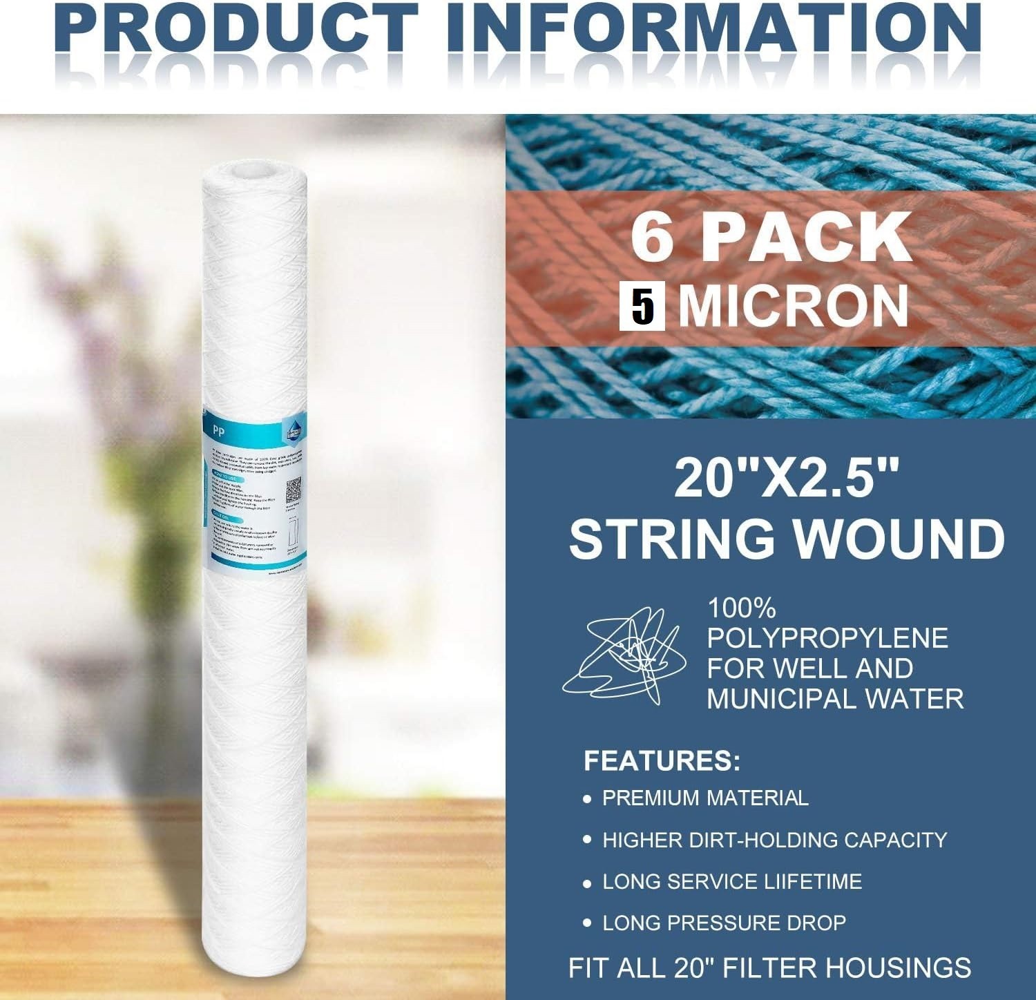 6 Pack 5 Micron 2.5″ OD x 20″ Sediment Water Filter String Wound Polypropylene