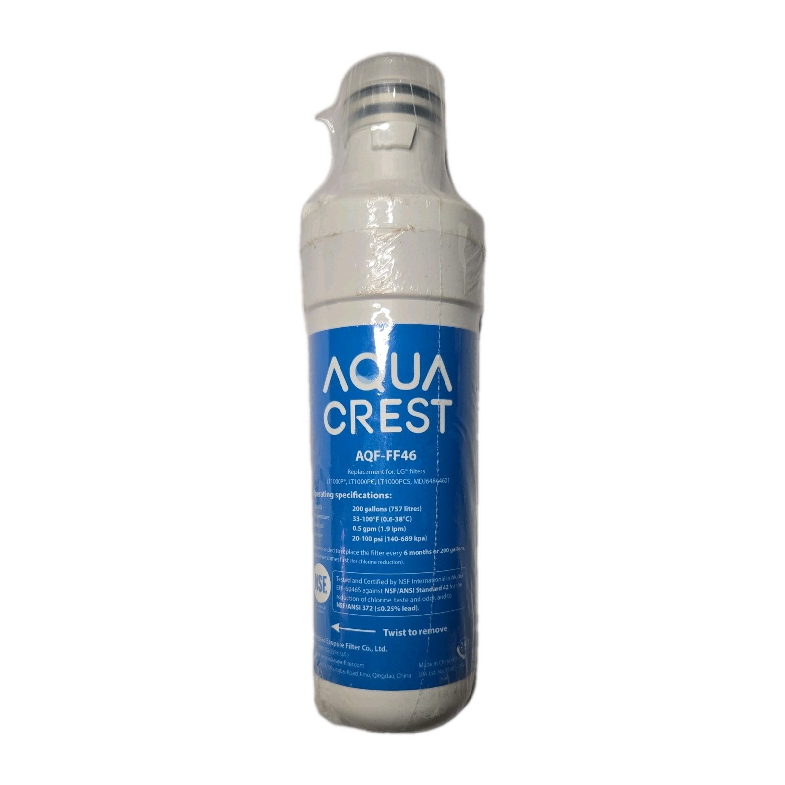 Aquacrest Refrigerator Water Filter Replacement AQF-FF46 LG Reduces Chlorine