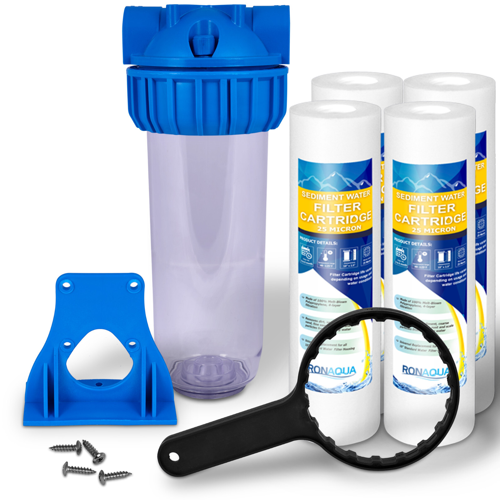 10″ Clear Standard Whole House Water Filter System 4 Sediment 25 Micron Filters