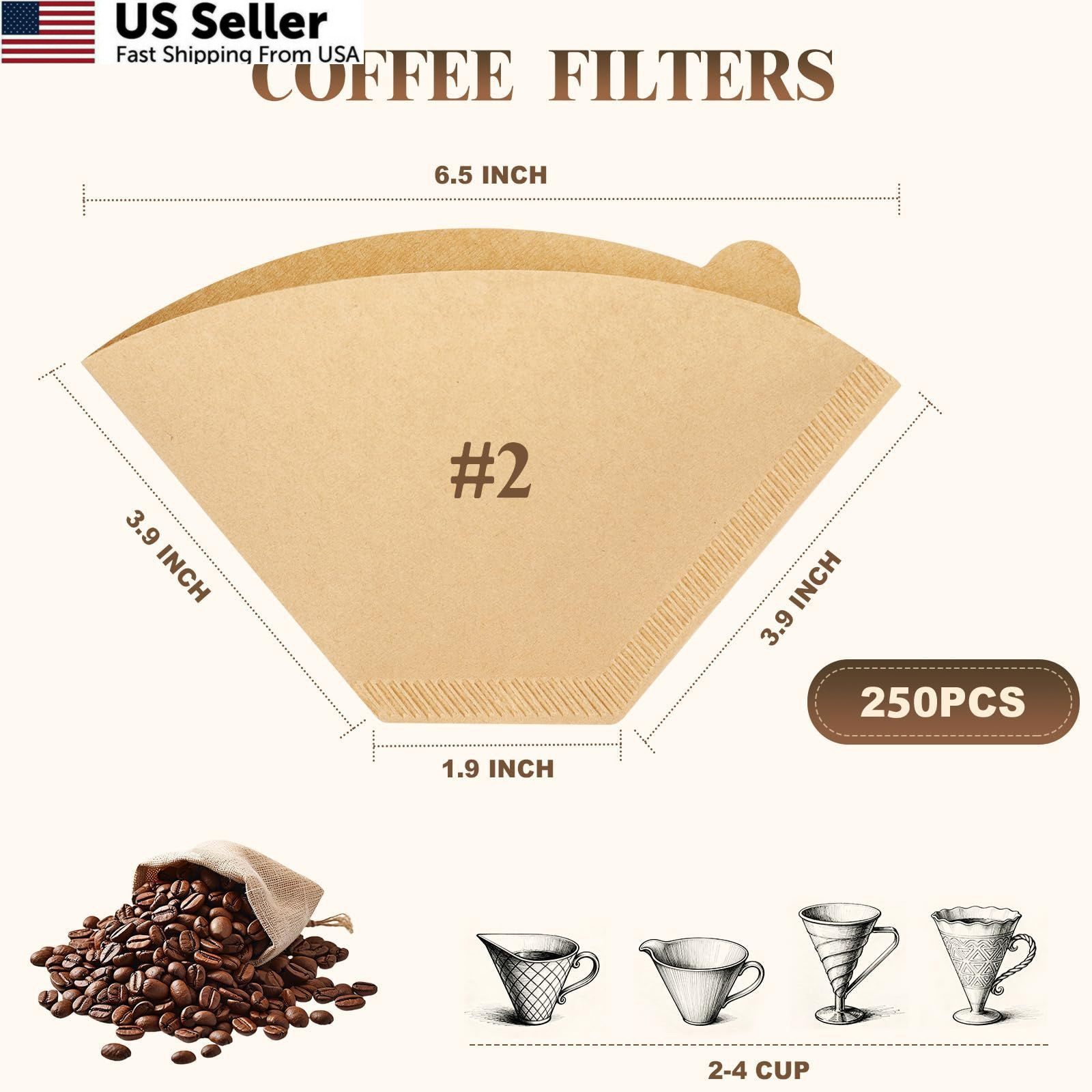 ZYFOTZUN 250 Count #2 Coffee Filters 2-4 Cup, Premiun Unbleached #2, Brown