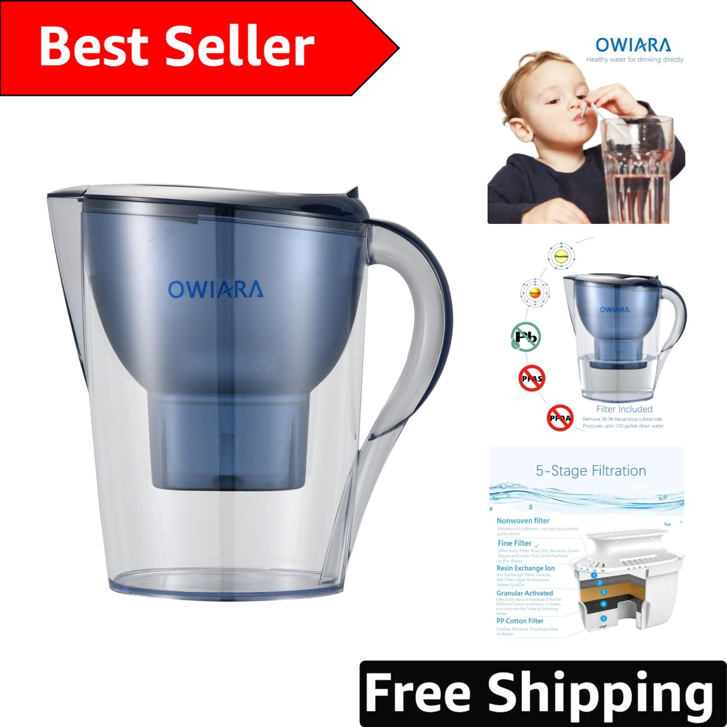 Manual Powered 14-Cup Water Filter Pitcher with Activated Carbon & Digital Alert