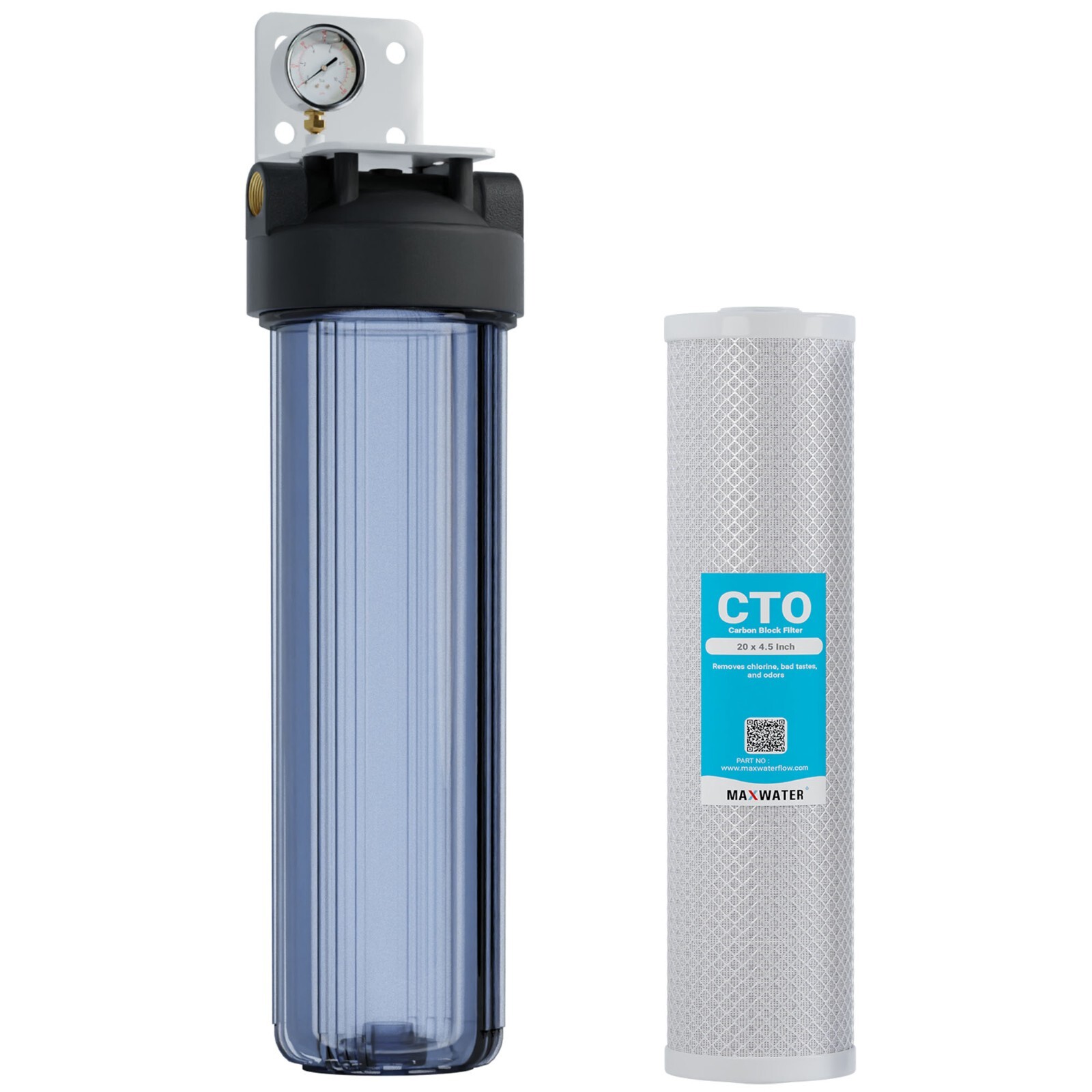 Max Water Whole House 1 Stage 20″ Big Blue with CTO filter,1″ NPTF Gauge