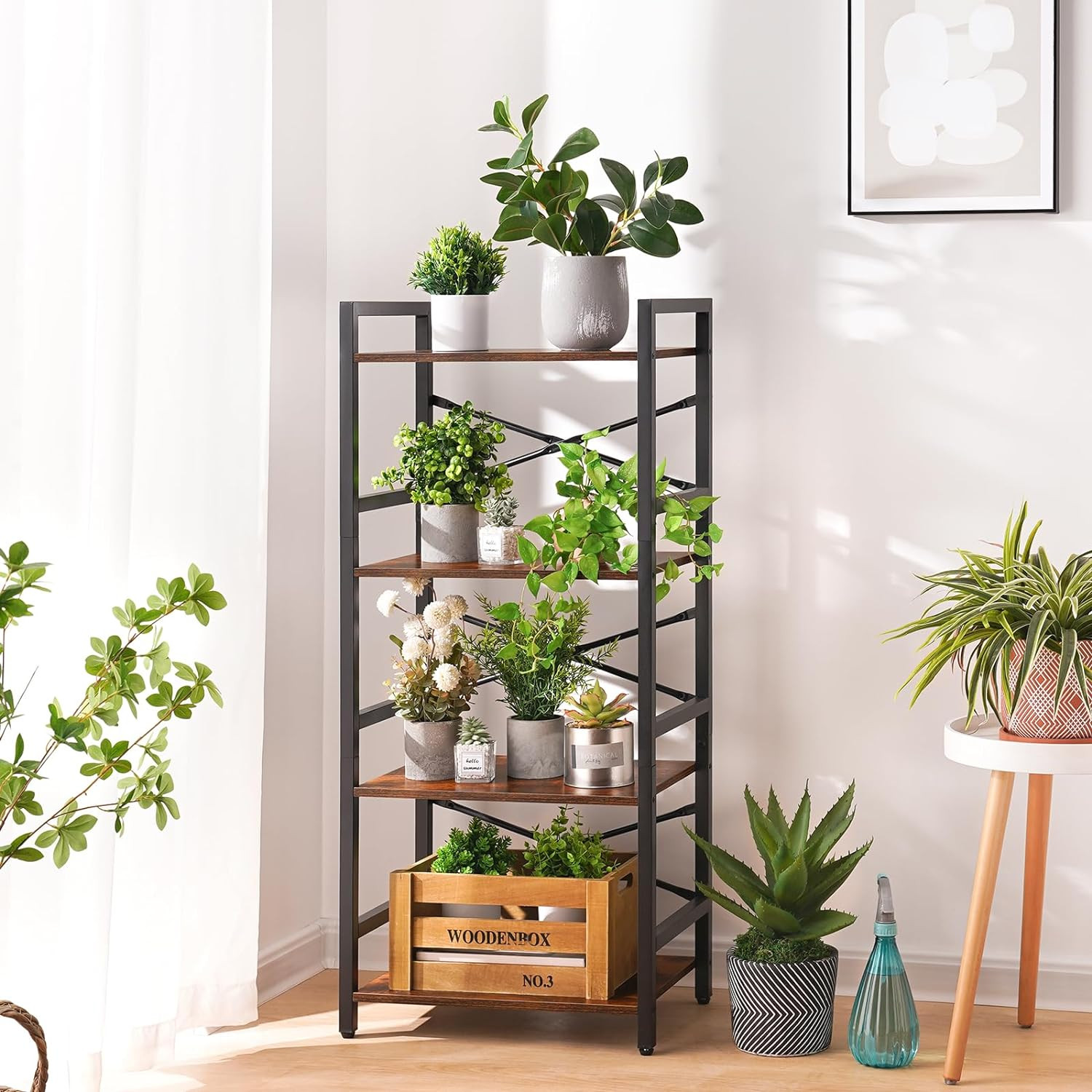 4 Tier Narrow Bookshelf Industrial Bookcase Organizer CD Movie Book Berry Brown