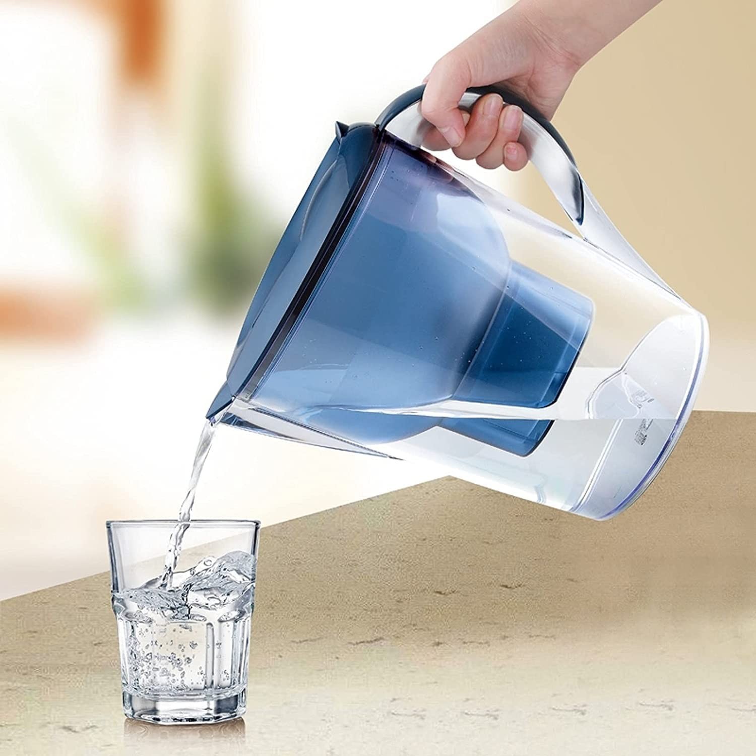 Manual Powered 14-Cup Water Filter Pitcher with Activated Carbon & Digital Alert