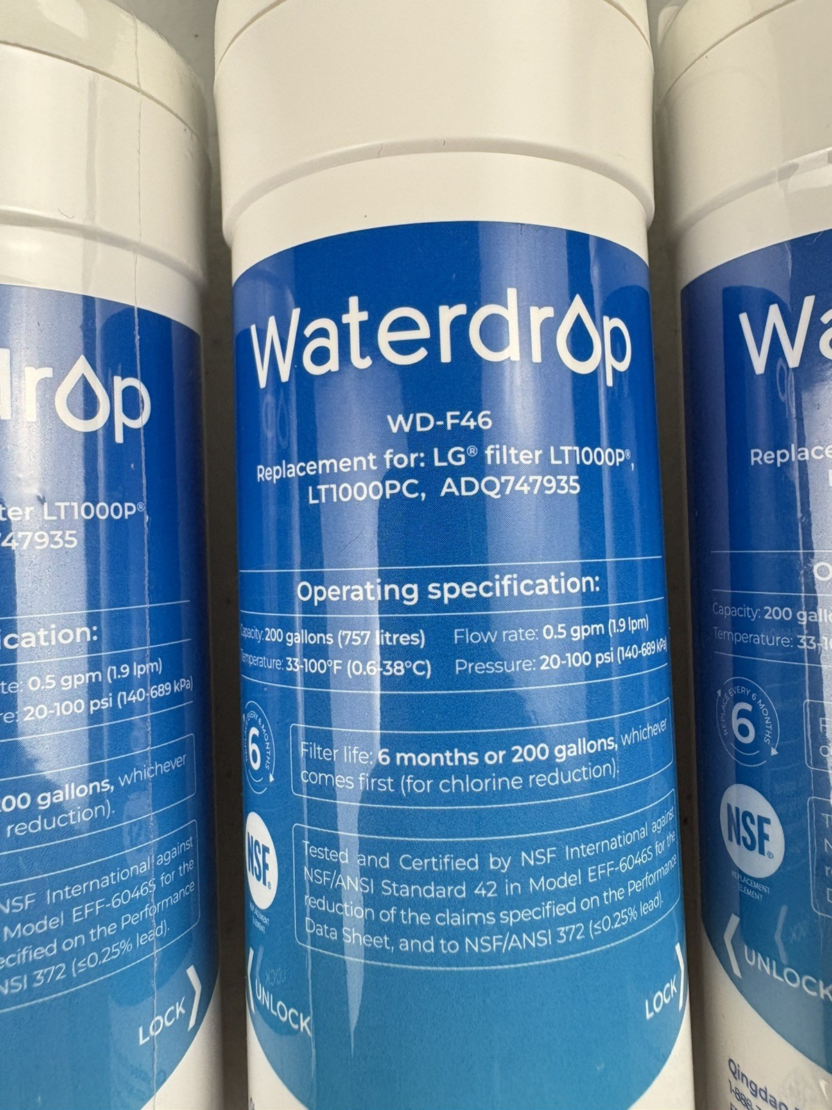 Set of 3 Waterdrop WD-F46 Replacement Refrigerator Water Filters for LG LT1000