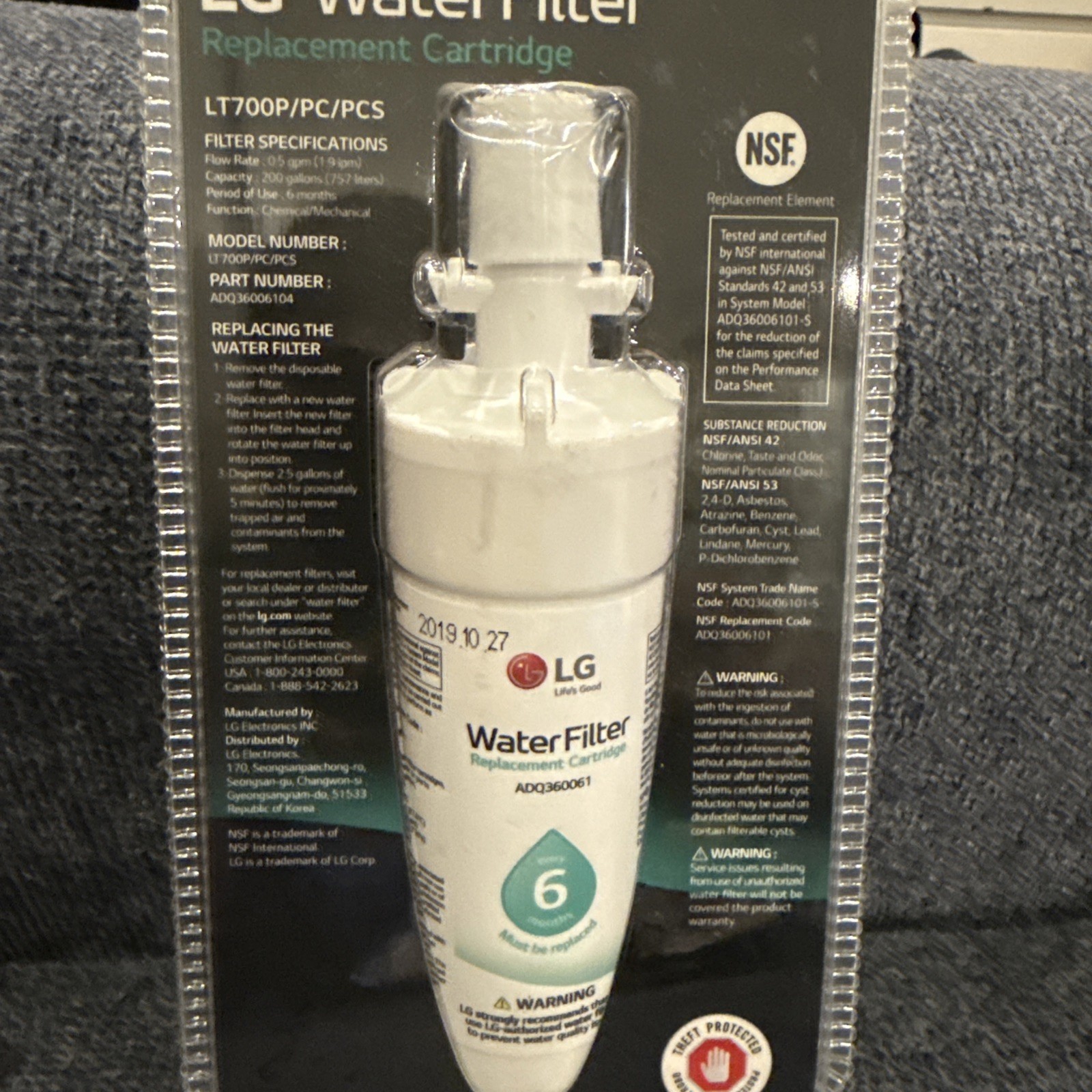 New Sealed LG Genuine Water Filter Replacement Cartridge LT700P/PC/PCS NSF