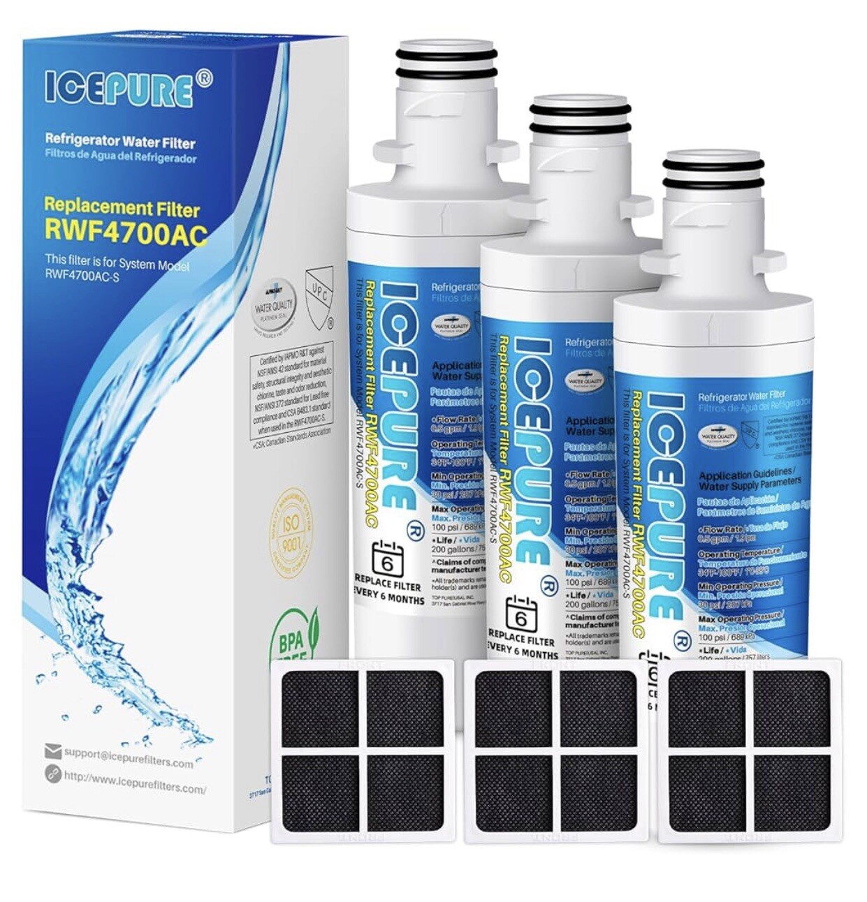 Refrigerator Water Filter (3 Pack) for LG ADQ74793501 LT1000PC & Air Filter