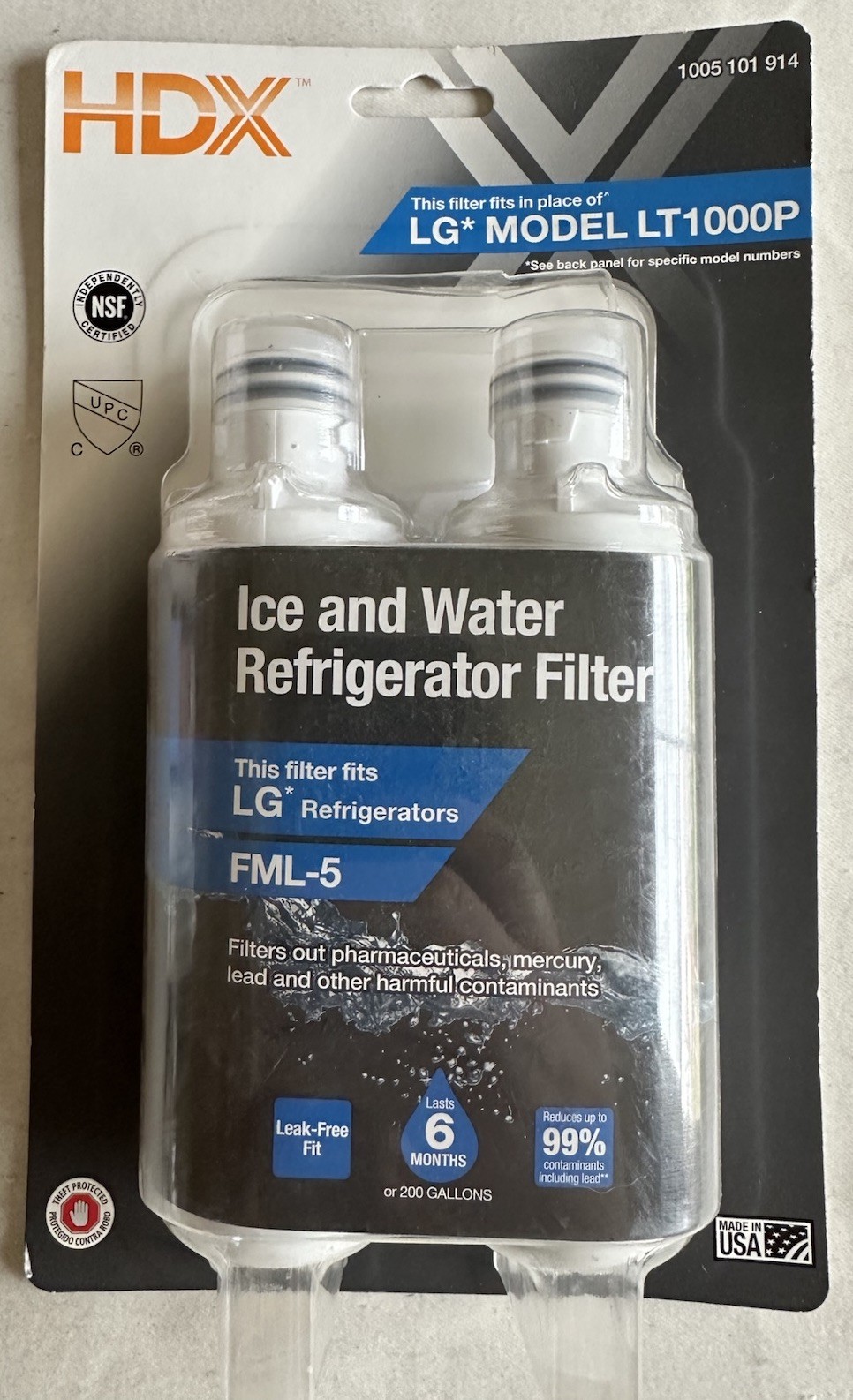 HDX FML-5 Premium Refrigerator Water Filter Replacement Fits LG LT1000P (2-Pack)