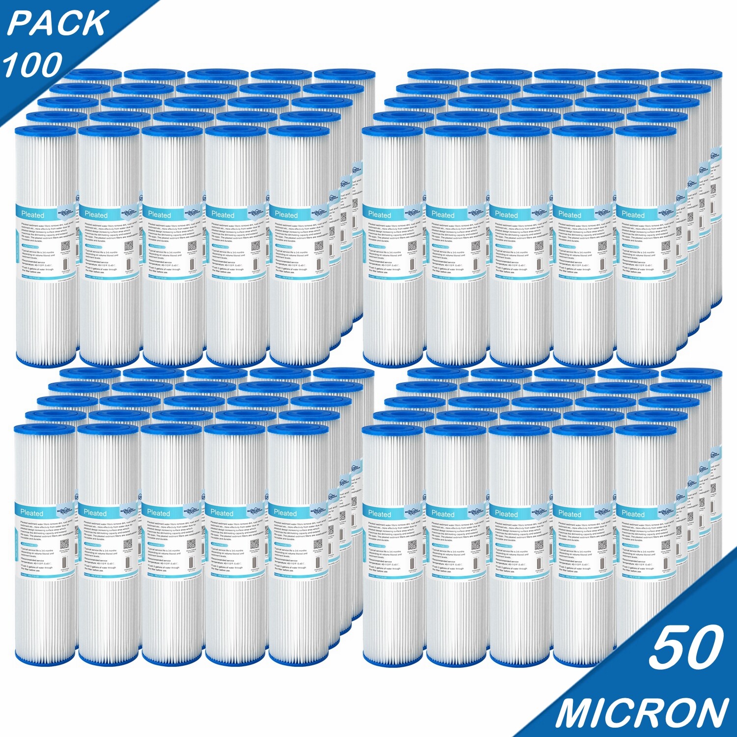 100 Pack 10″ x 2.5″ Whole House Washable Pleated Sediment Water Filter 50 Micron