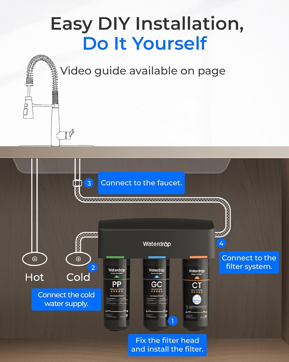 Waterdrop TSA 3-stage Under Sink Water Filter System, With Extra 10PP Filter