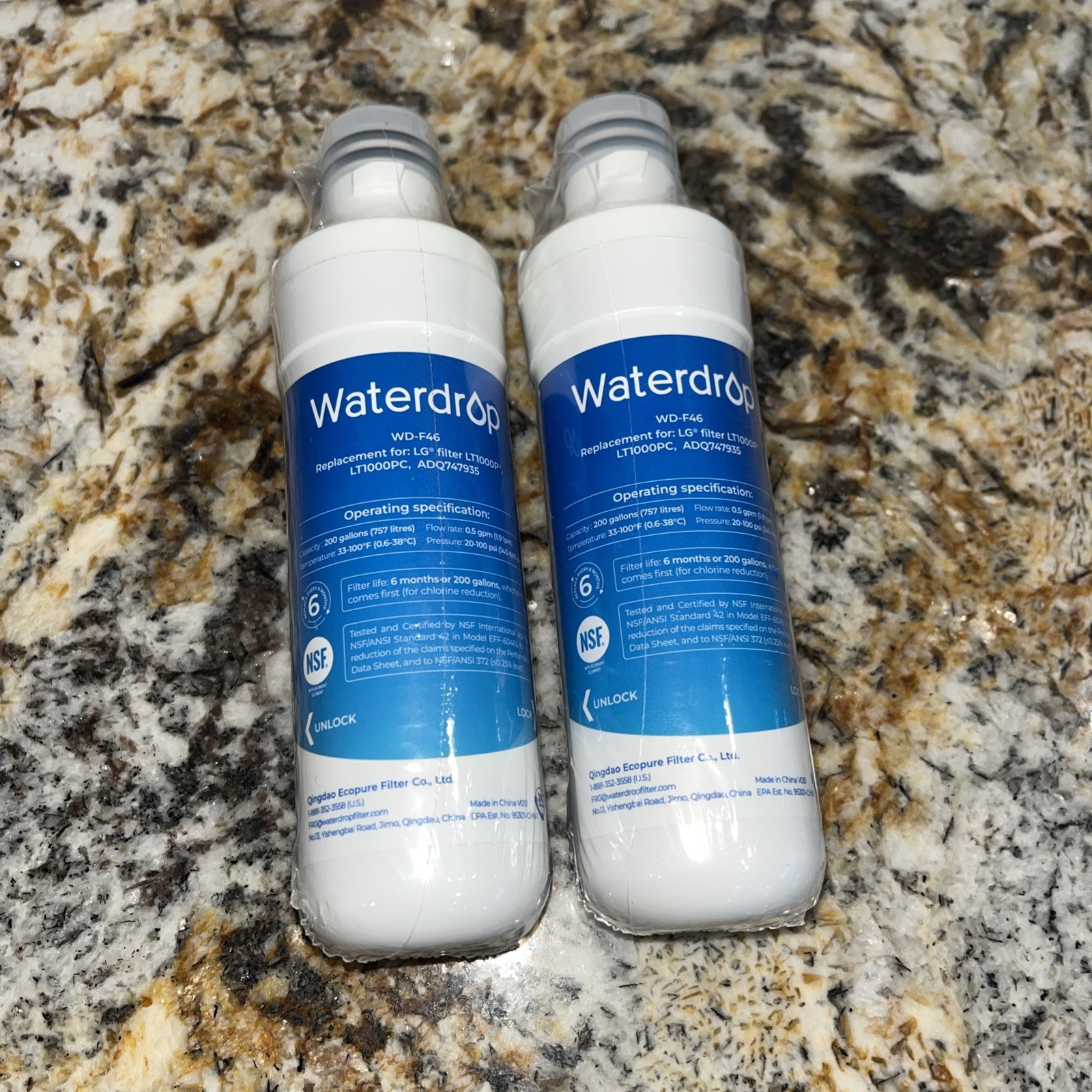 2 Waterdrop Model WD-F46 Refrigerator Water Filter Replacement New Sealed