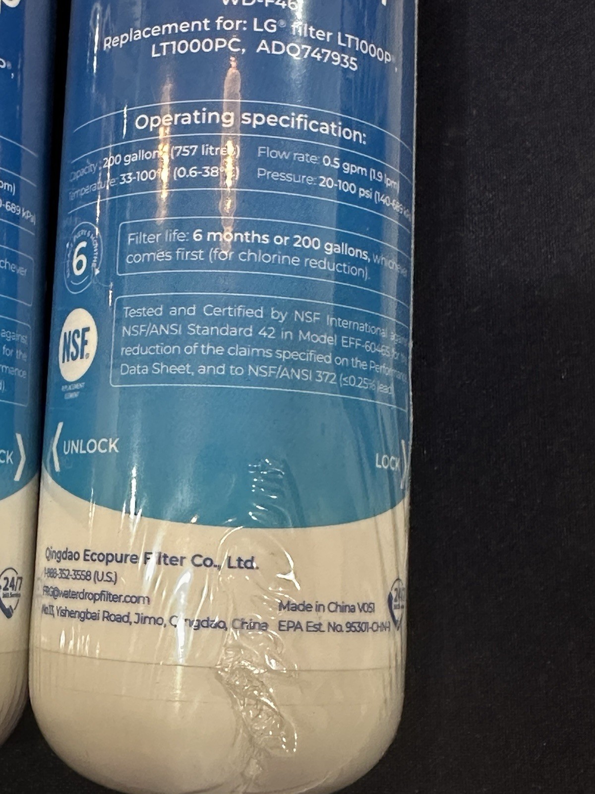 Waterdrop WD-F46 Replacement Refrigerator Water Filter New/Sealed