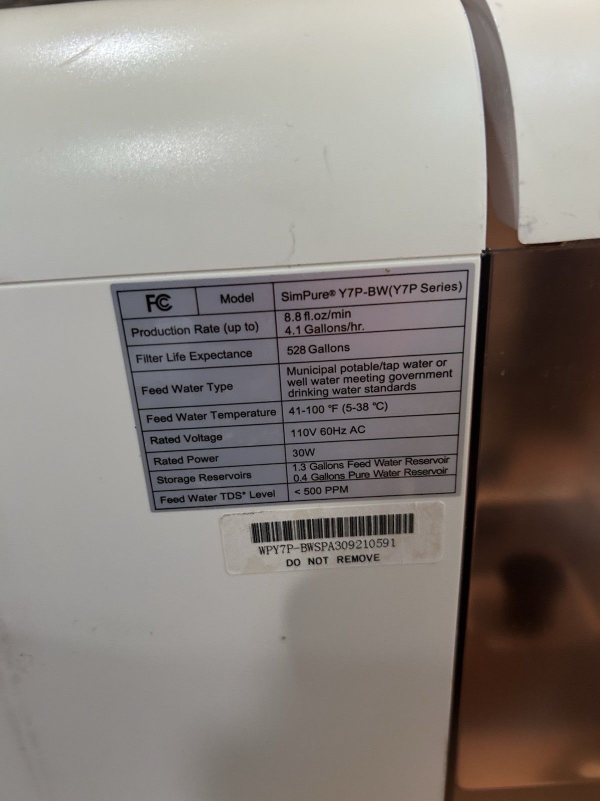 SimPure Y7P-BW UV Countertop Reverse Osmosis Water Filter – NSF 58 – Used