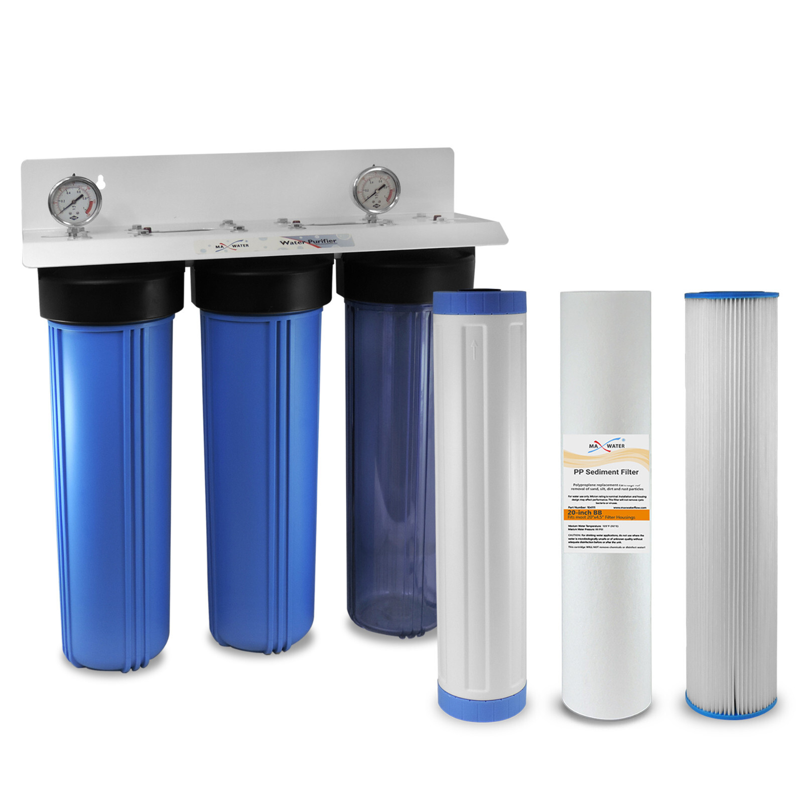 3 Stage 20″ x 4.5″ Big Blue Whole House Max Water Filter System 1″ W/ 2 Gauges
