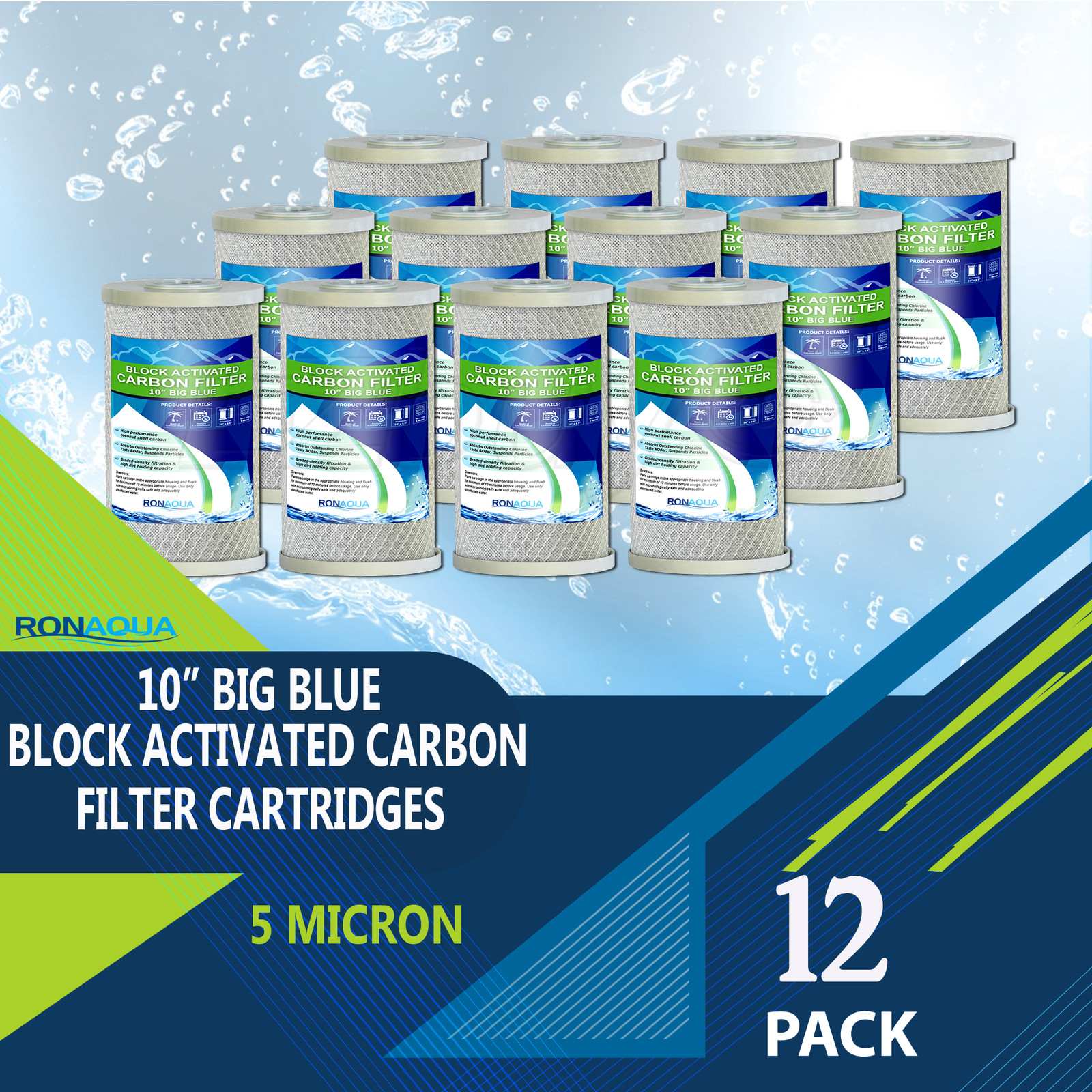12 pcs Big Blue CTO Carbon Block Water Filters 4.5″ x 10″ Whole House Cartridges