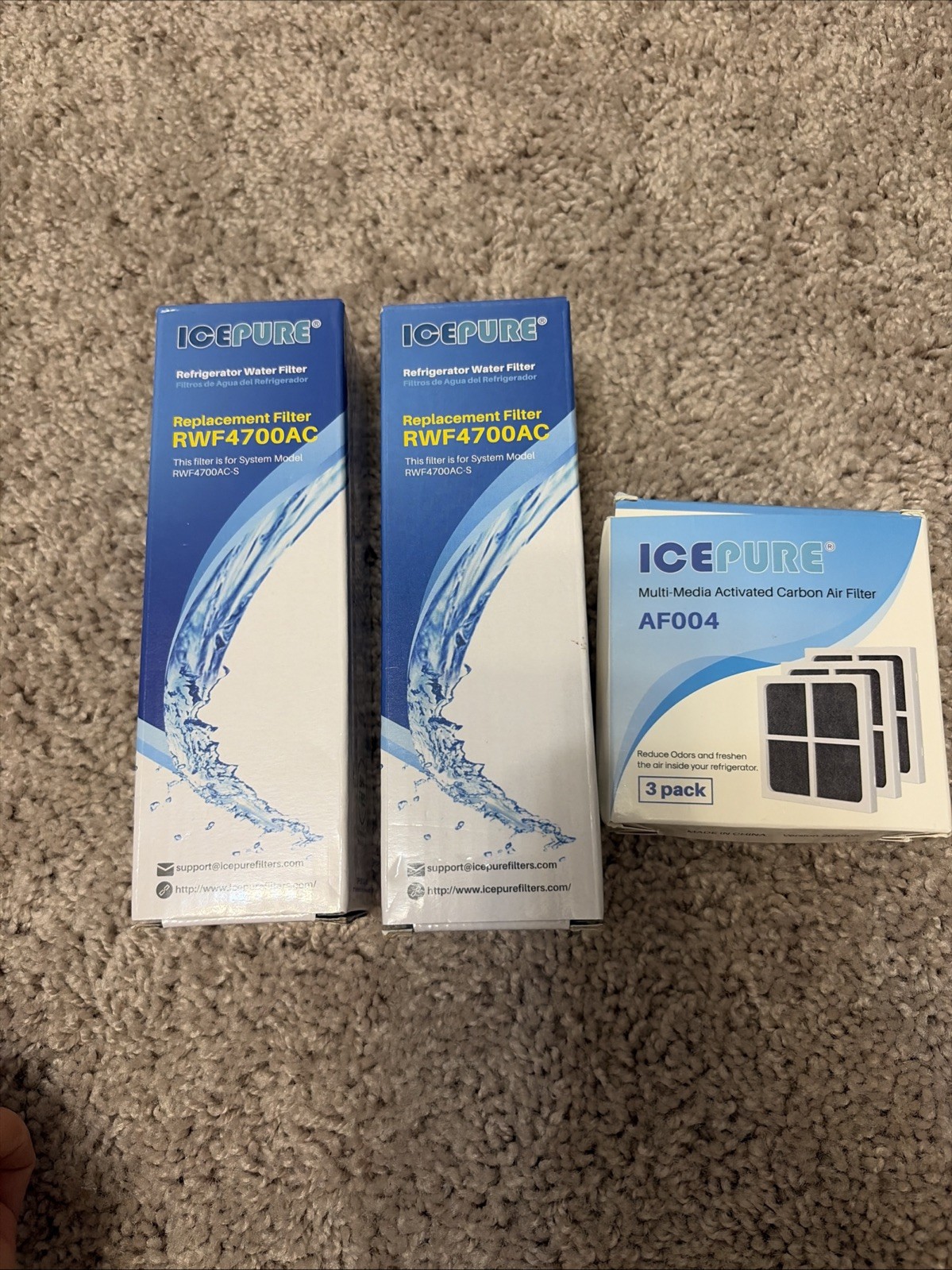2x ICEPURE Refrigerator Water Filter RWF4700AC & 3 Pack AF004 Air Filter Kit
