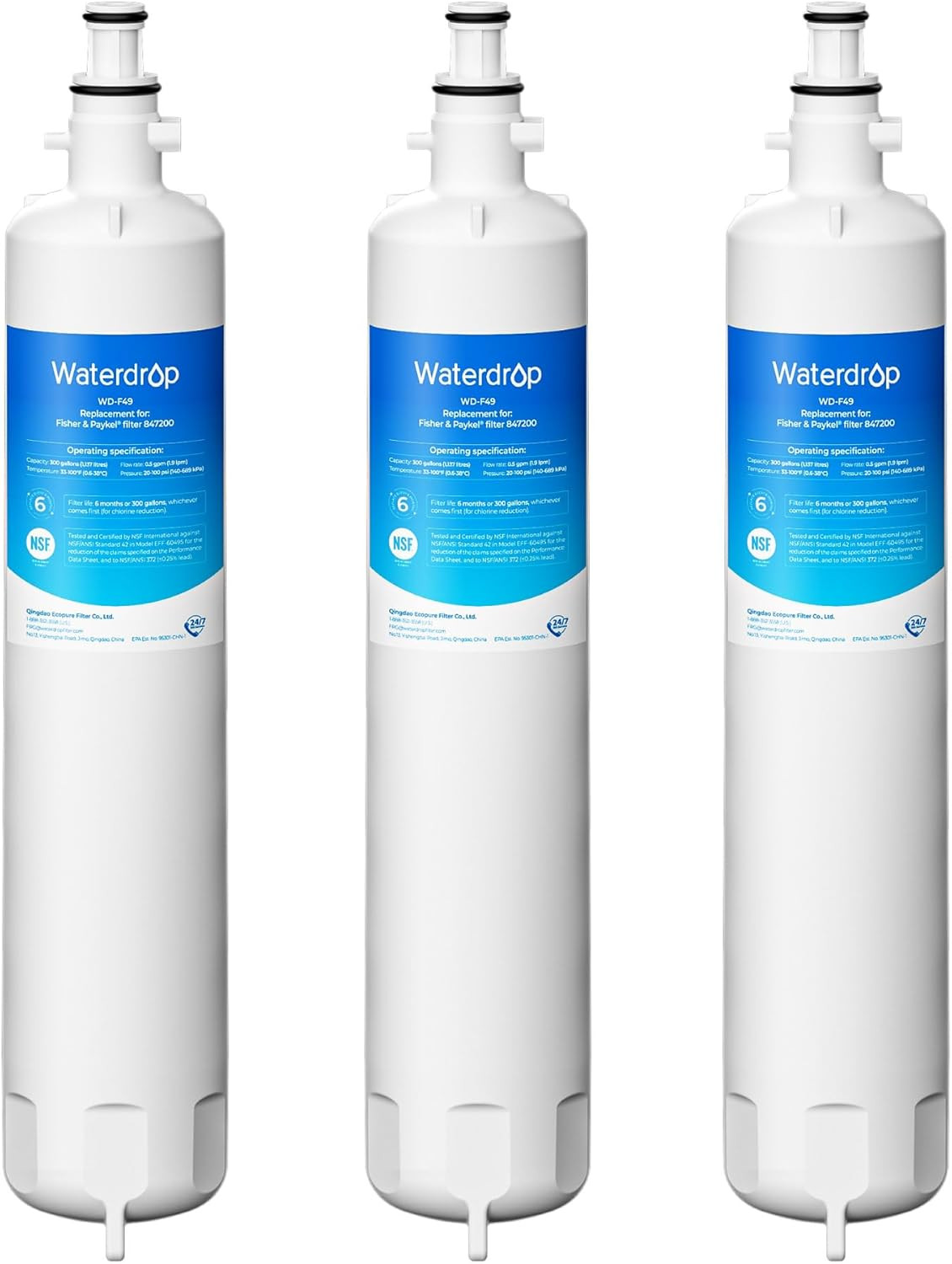 Fisher & Paykel 847200 Water Filter Replacement, 3 Pack, 6 Months, 300 Gallons