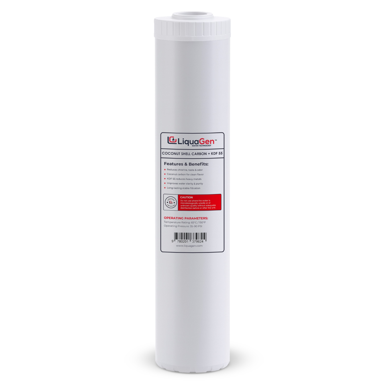 LiquaGen 4.5″x20″ Coconut Shell Carbon + KDF-55 Filter – Chlorine & Heavy Metals