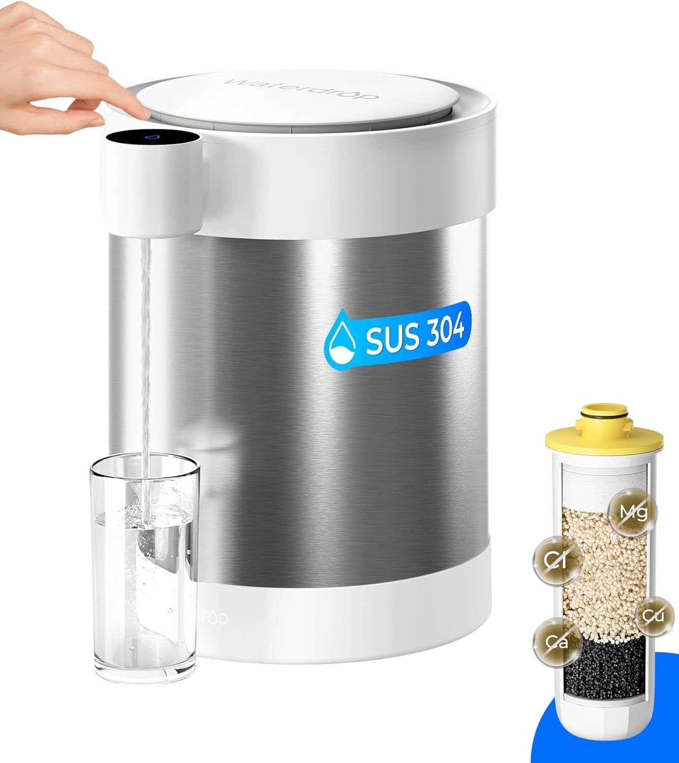 Waterdrop Rechargeable Non-Gravity Water Filter System, 5-Stage Stainless Steel