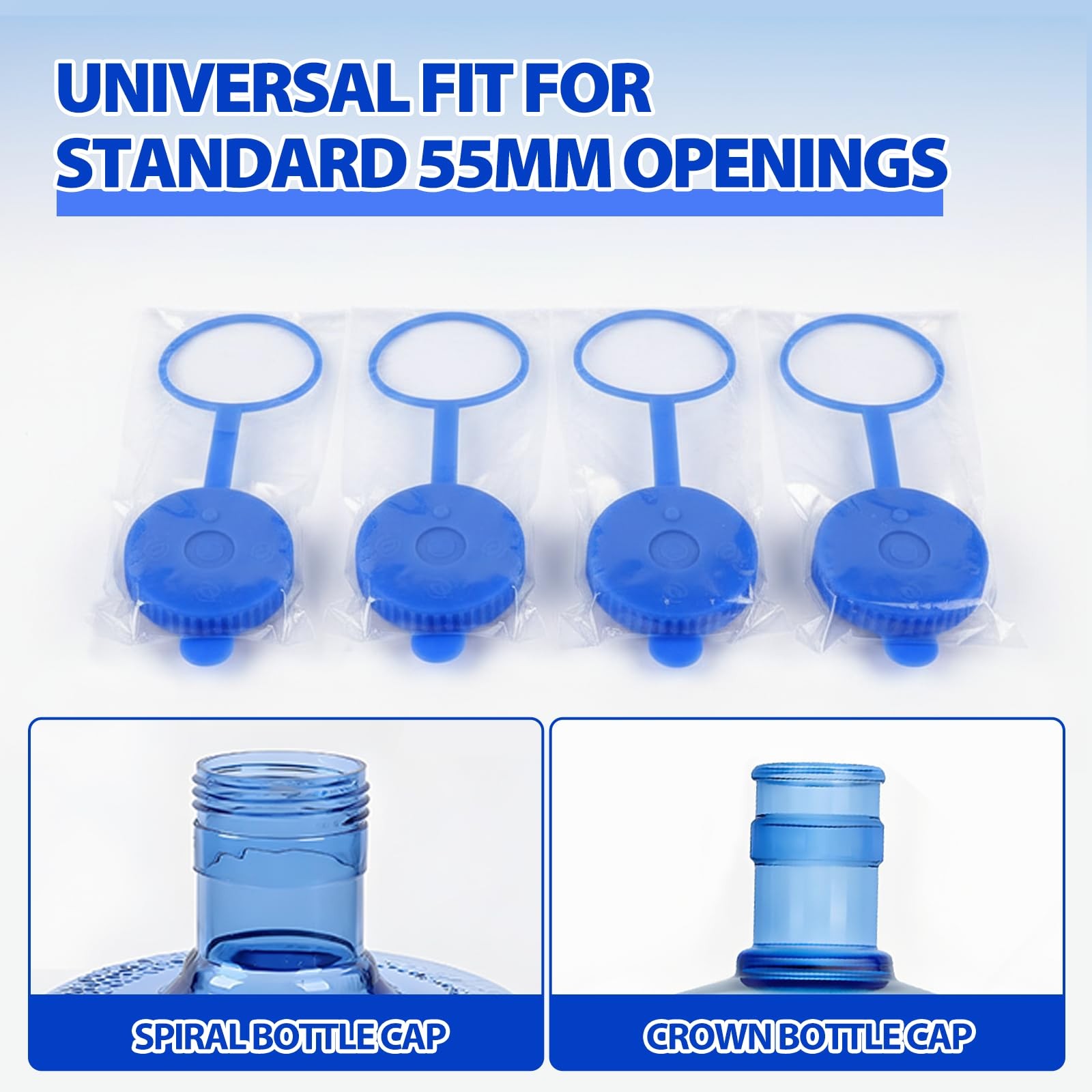 Simpldell 4 Pack Reusable Water Jug Caps for 3 & 5 Gallon Bottles, 55mm Blue