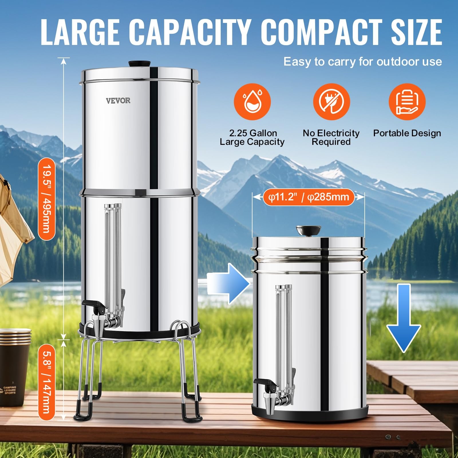 Gravity Water Filter System 2.25 Gallon Stainless Steel Countertop Filtration 2