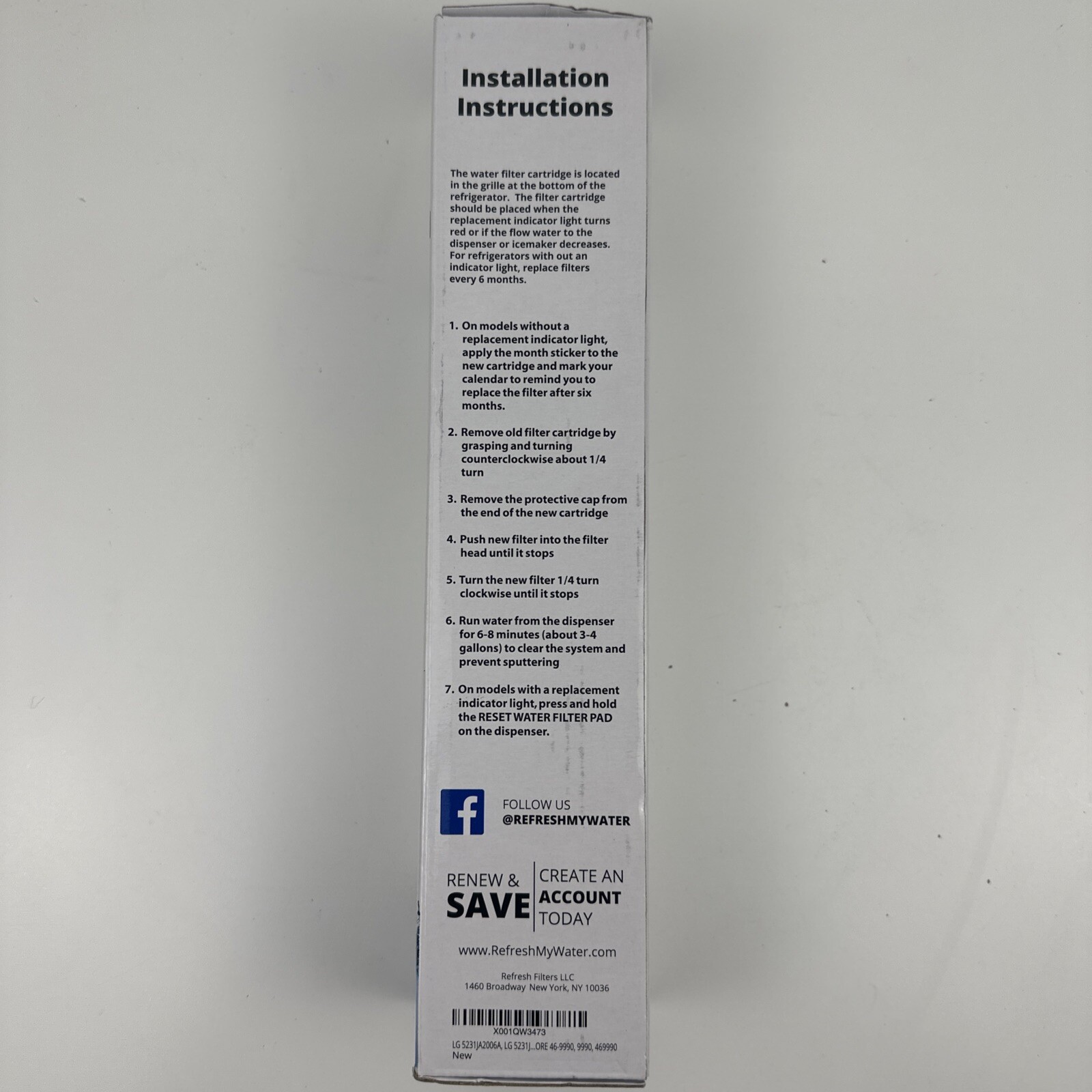 Refresh Replacement Filter R-9990 LG/Kenmore Refrigerators New In Open Box