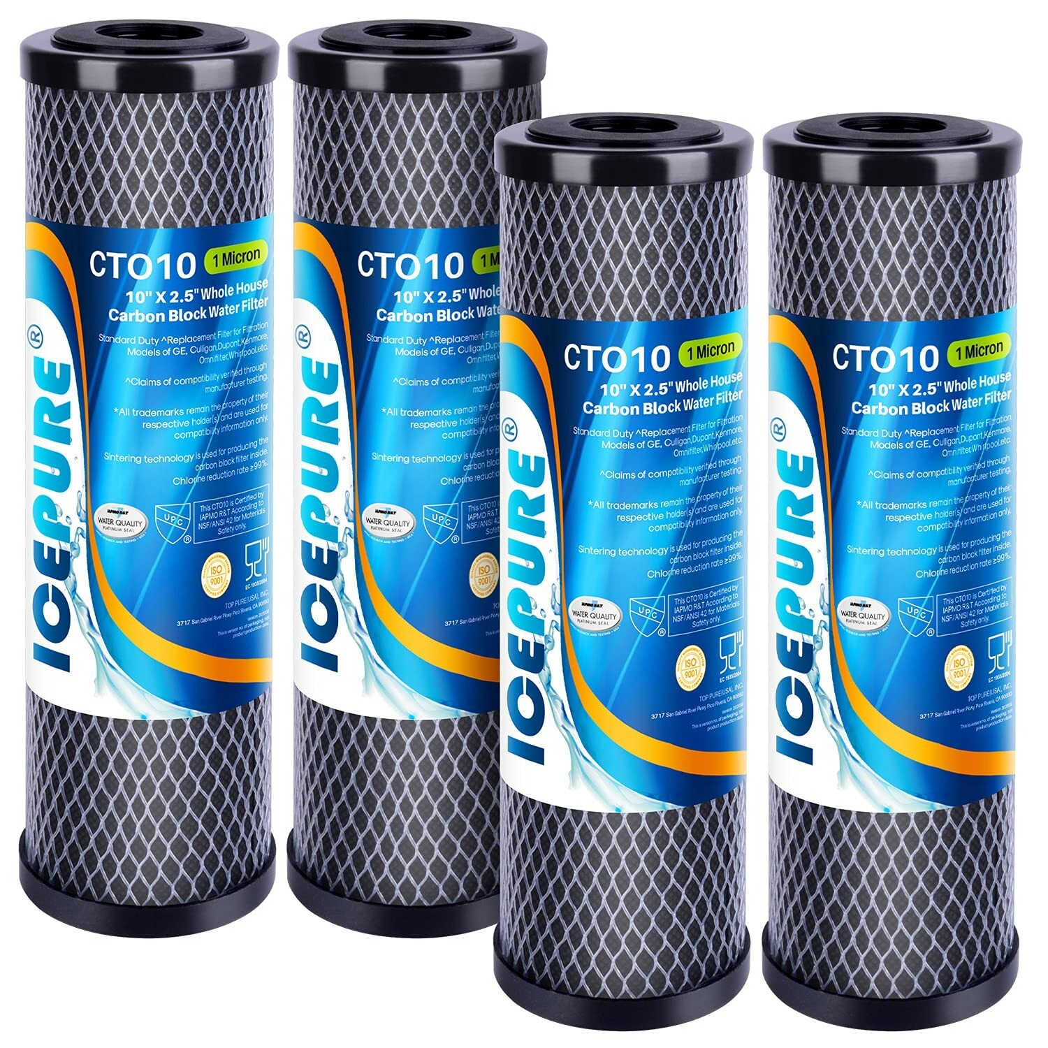 Whole House CTO Carbon Water Filter Cartridge 1 Micron 2.5″ x 10″ 4PCS