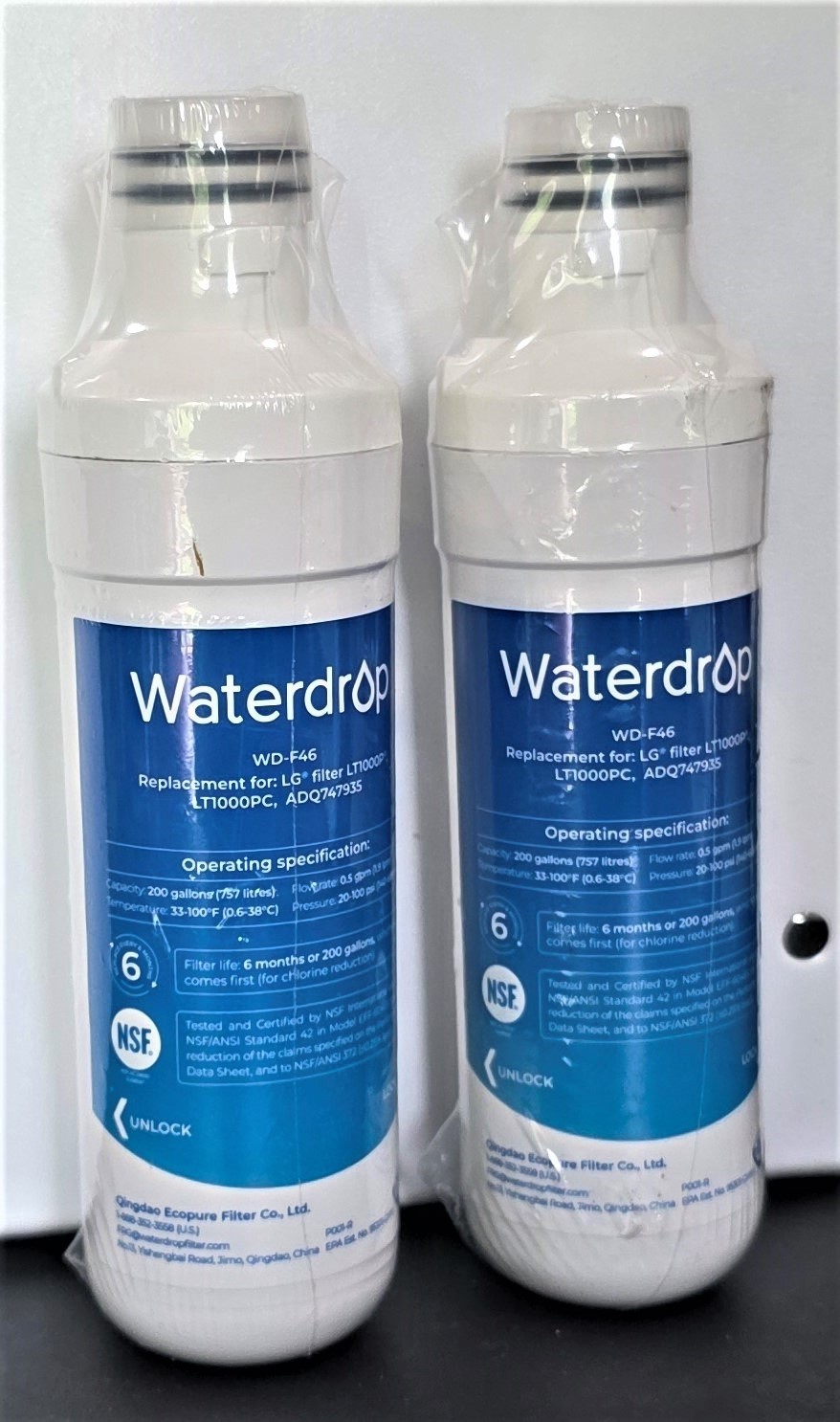 Waterdrop CF40A2A1V2V3W9U Water Filter, WD-F46 for LG Fridge 2PK