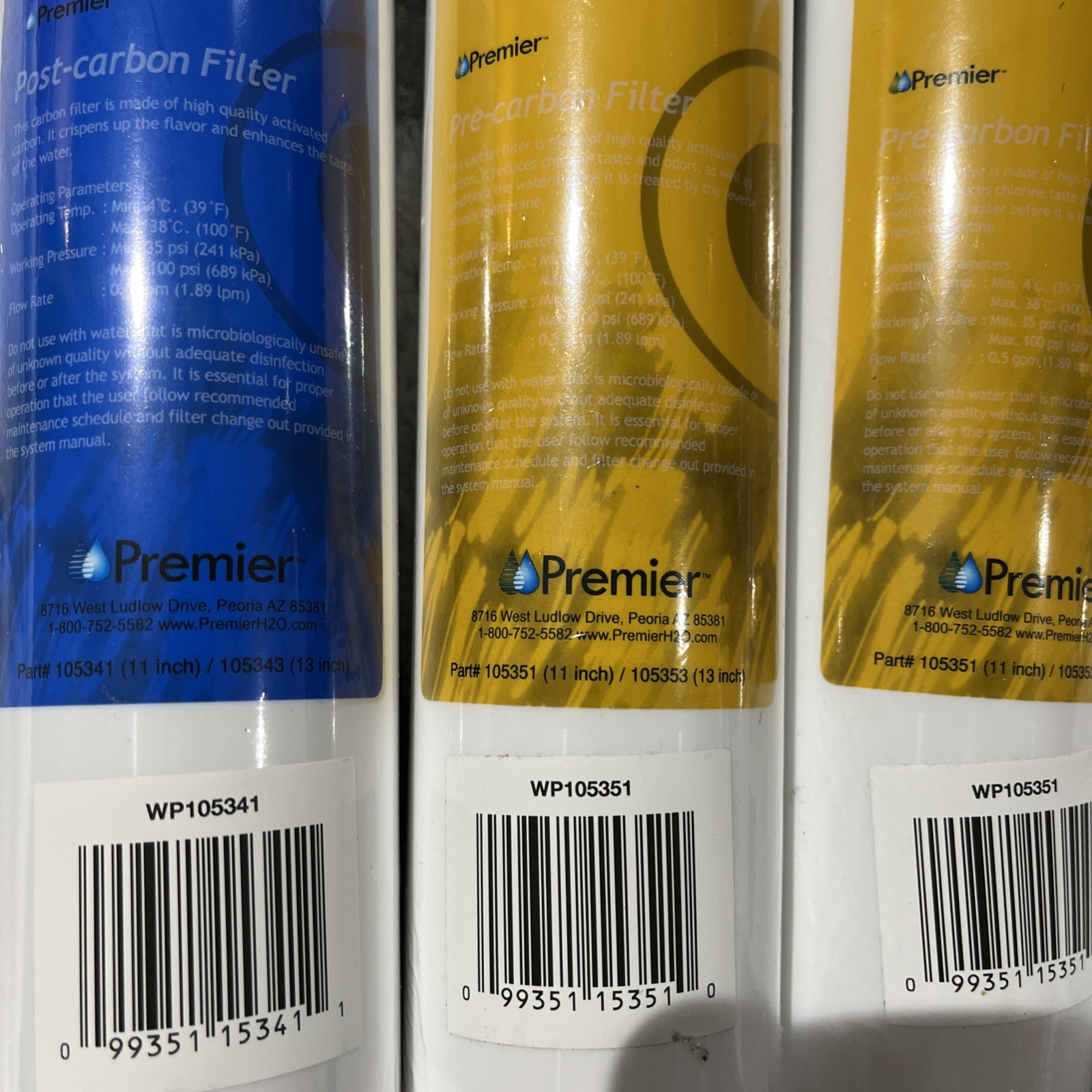 RO Water Replacement Cartridge 2 Yellow 1 Blue 1 Green Push Button, Sealed.