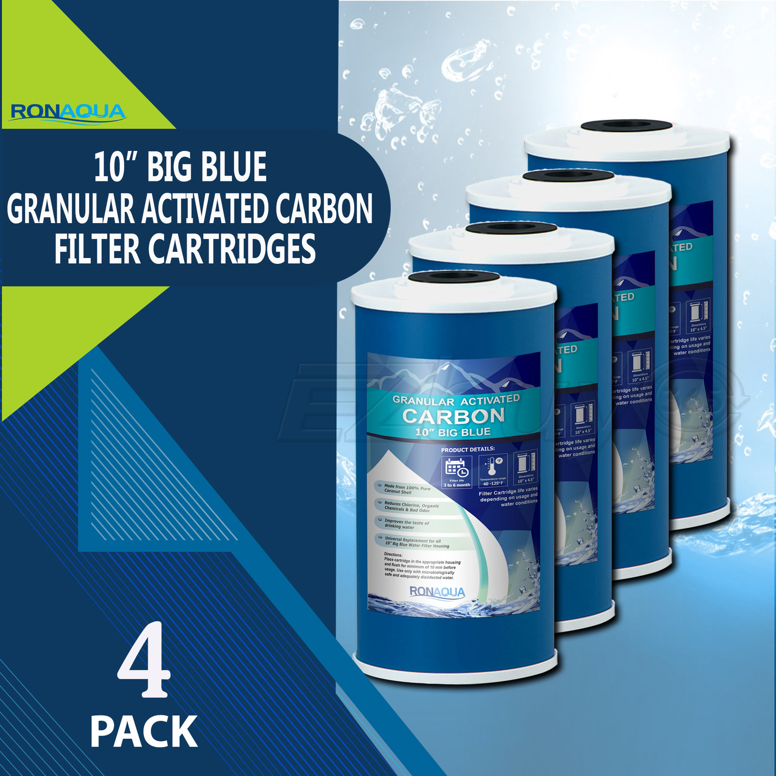 10″ Big Blue (GAC) Replacement Water Filters (4 Pcs) 4.5” x 10” Cartridges